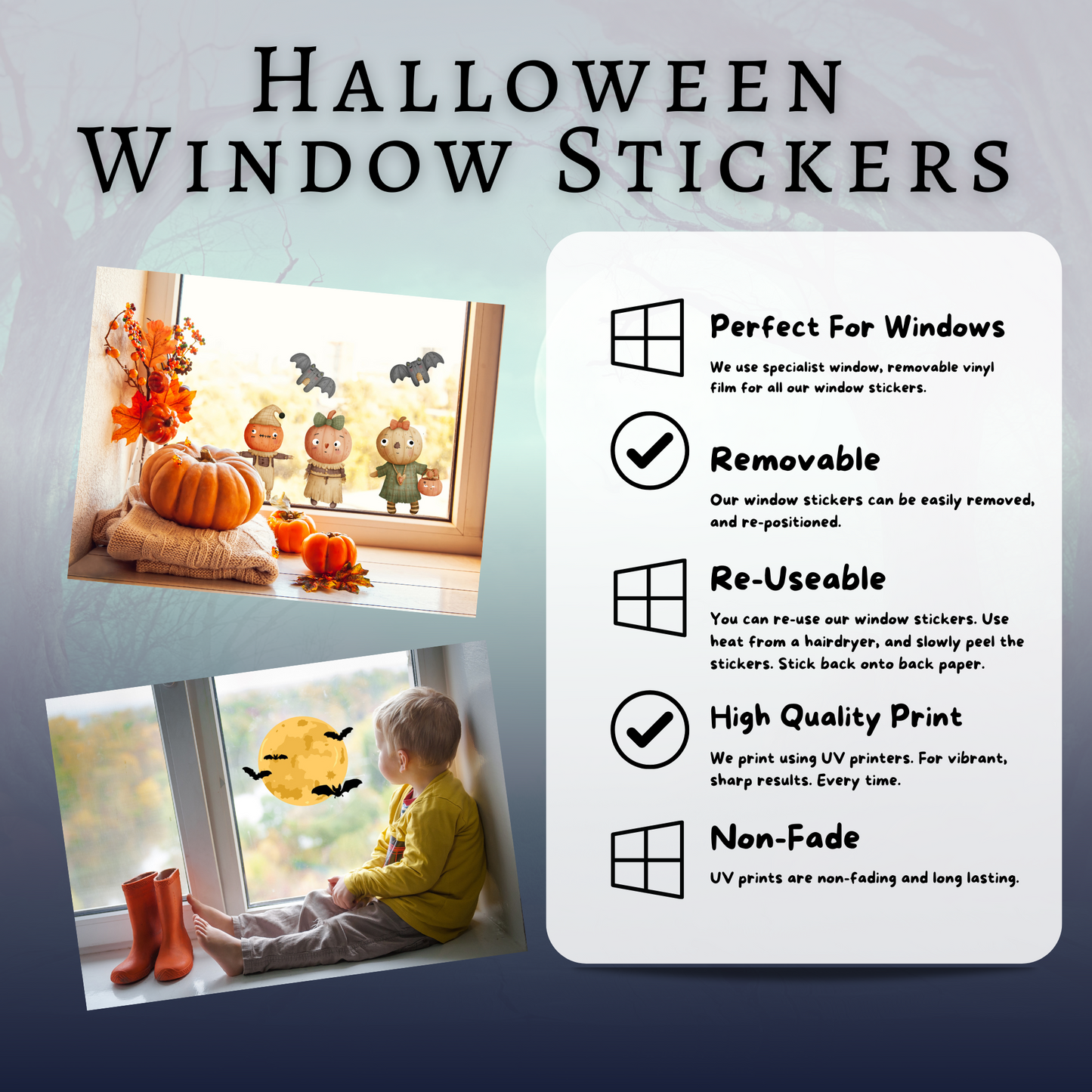 Halloween Window Sticker Decal - Haunted House With Bats & Creepy Black Pumpkins Removable Halloween Decor