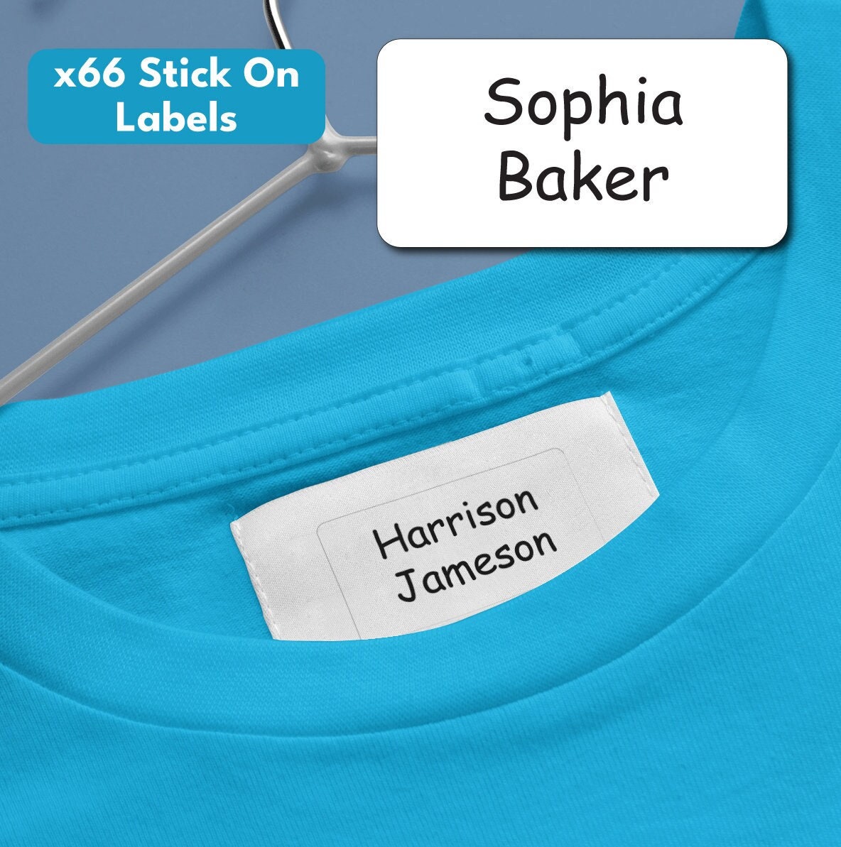 66 x Stick-On Washable Name Label Tags For Kids Clothes Care Home Items