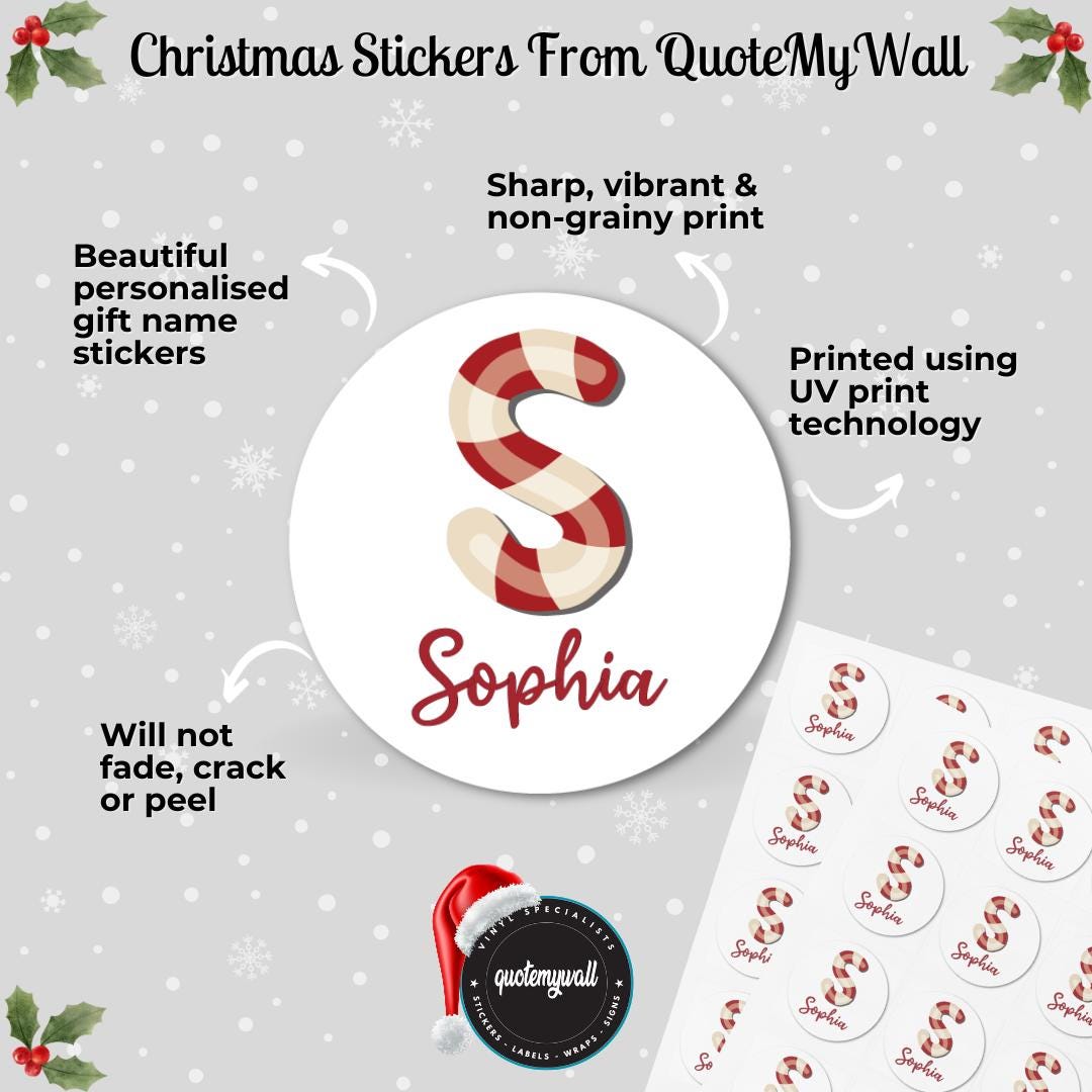 Candy Cane Personalised Initial Name Christmas Present Kids Stickers Custom Tag