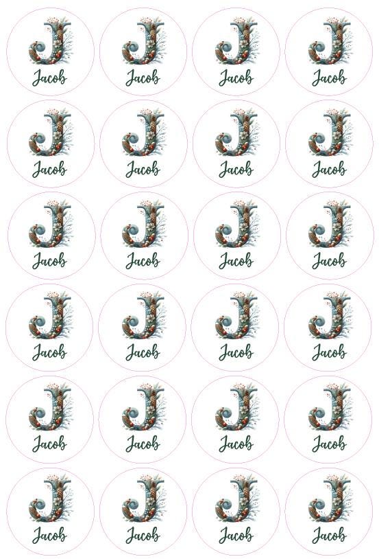 Customised Christmas Gift Initial Labels , Winter Berries Pinecones Personalised Gift Wrapping Stickers Name Custom Tag