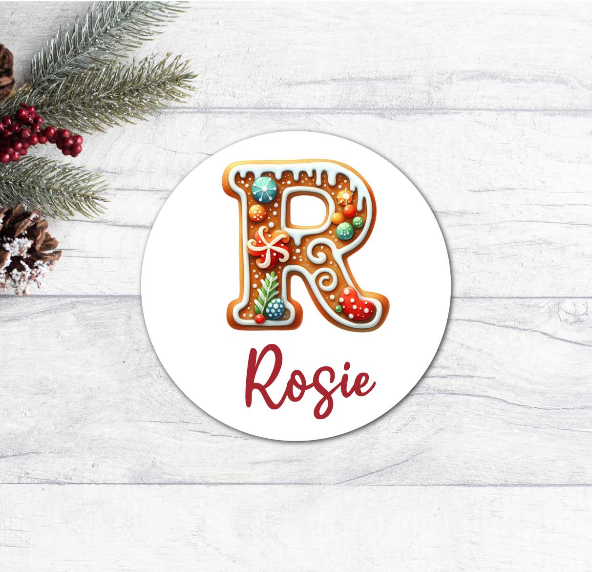 Personalised Christmas Initial Gift Labels Stickers, Gingerbread Cookie Sweet Customised Gift Wrapping Name Tags