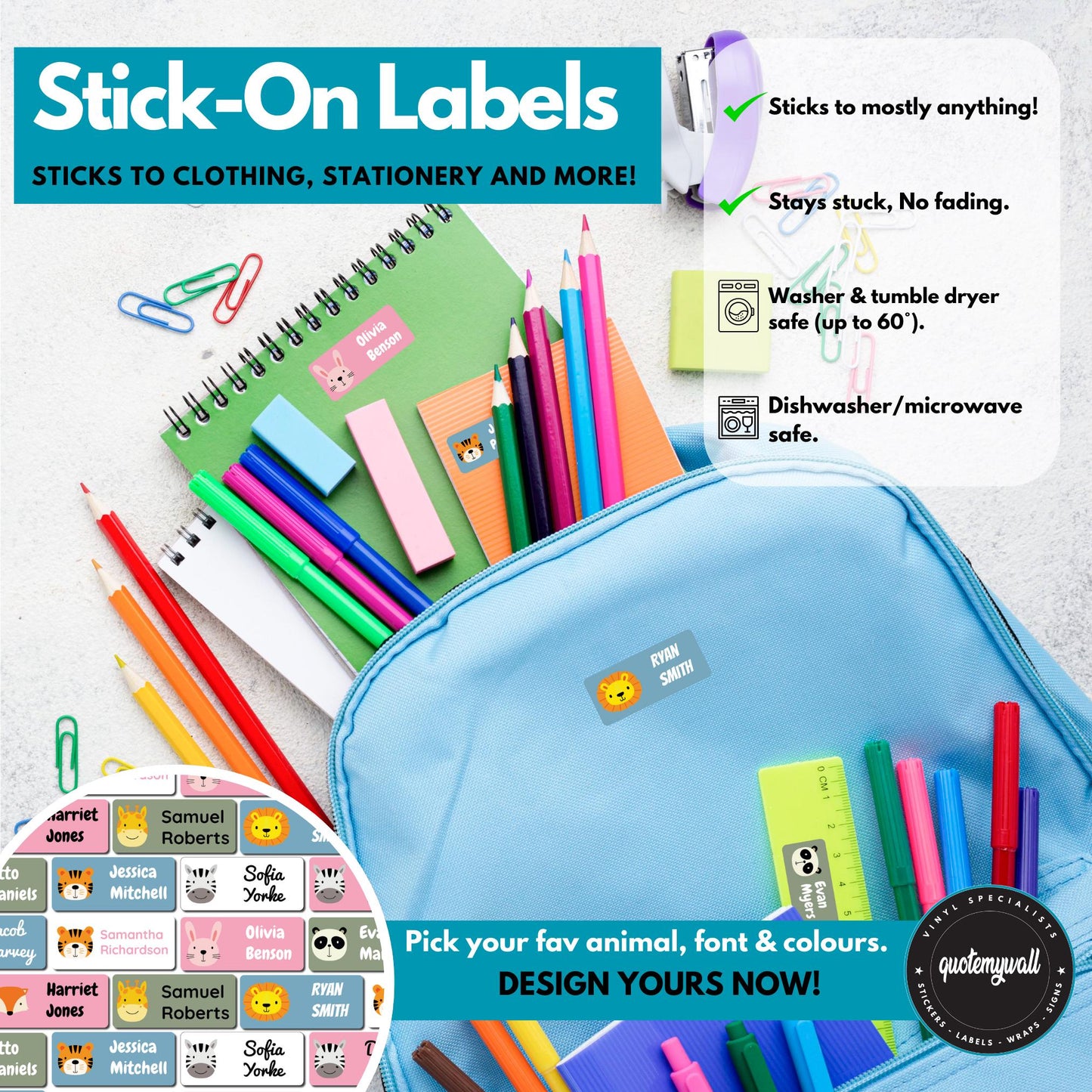 100x School Labels For Kids Clothing Stationery Pens Pencils Lunchbox Water Bottle - Ultra Sticky Peel & Stick Washable Name Tags