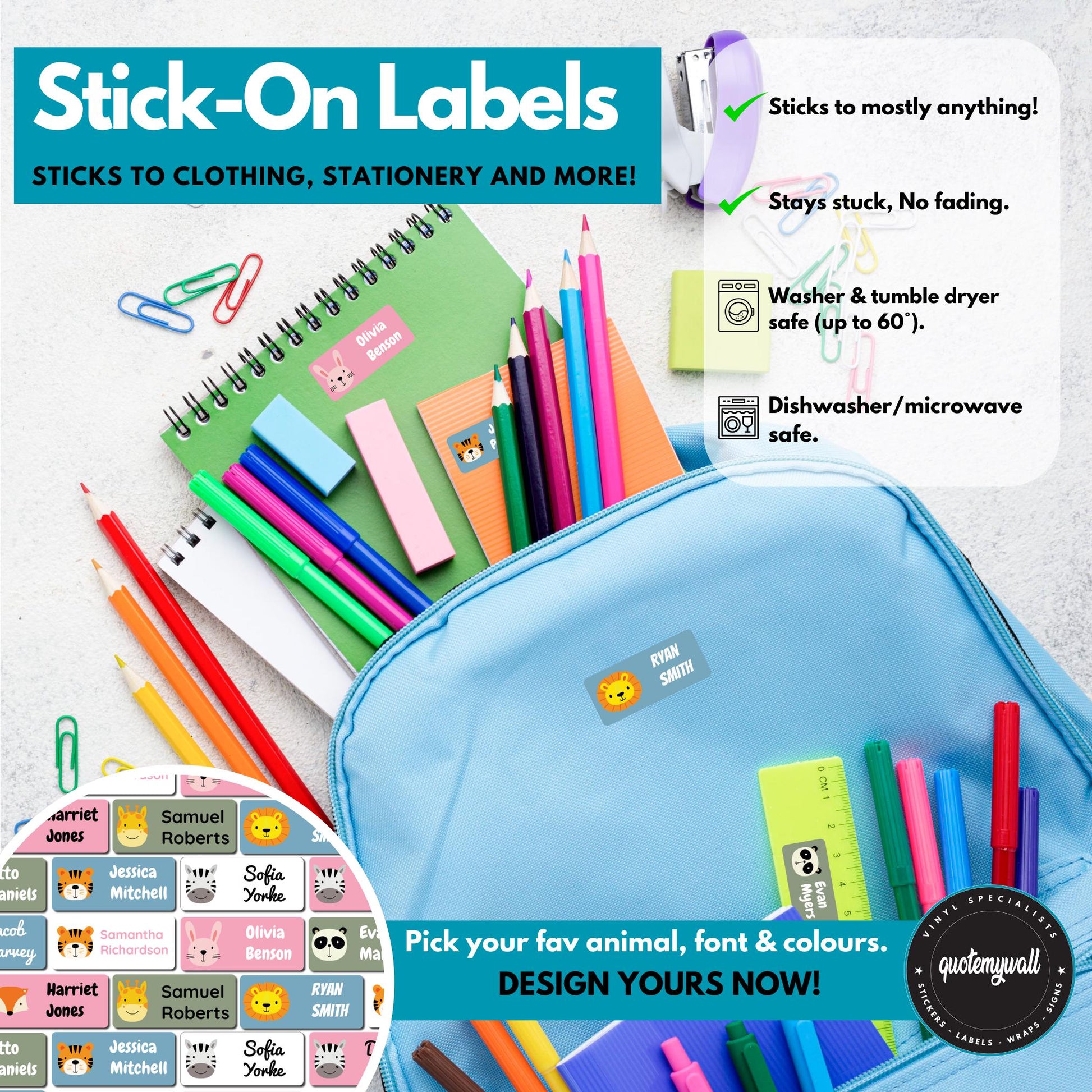 100x School Labels For Kids Clothing Stationery Pens Pencils Lunchbox Water Bottle - Ultra Sticky Peel & Stick Washable Name Tags