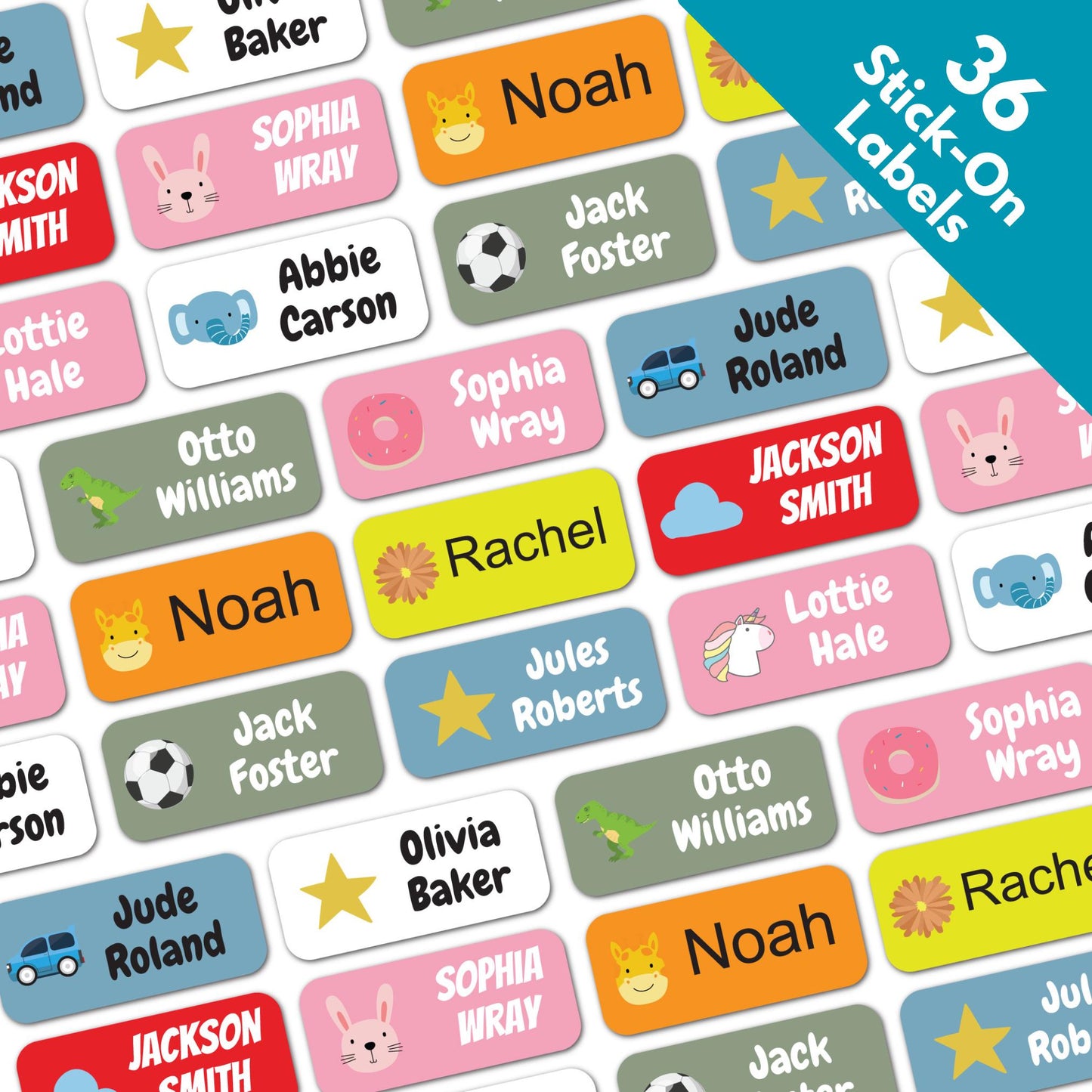 36 x Stick On Name Labels For Kids Clothing School Items - Washable Dishwasher & Tumble Drier Safe Sticker Labels