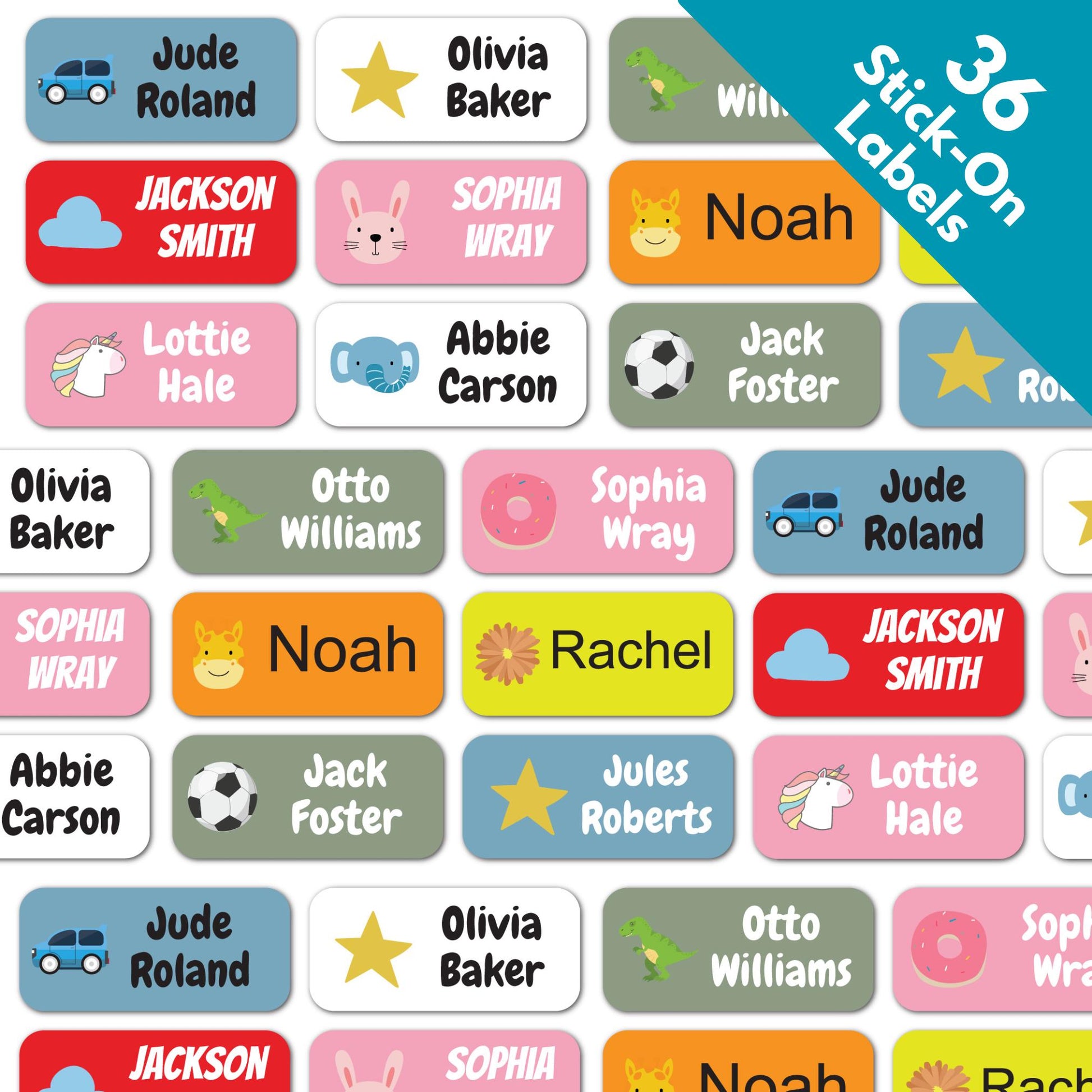 36 Self Adhesive Name Labels For Kids School Clothing CLothes Sticker Tags - Personalised Childrens Stick On Label For Stationery