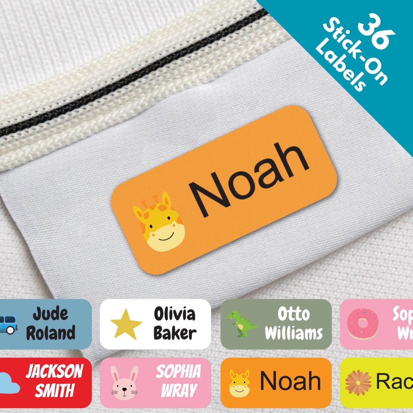 36 Self Adhesive Name Labels For Kids School Clothing CLothes Sticker Tags - Personalised Childrens Stick On Label For Stationery