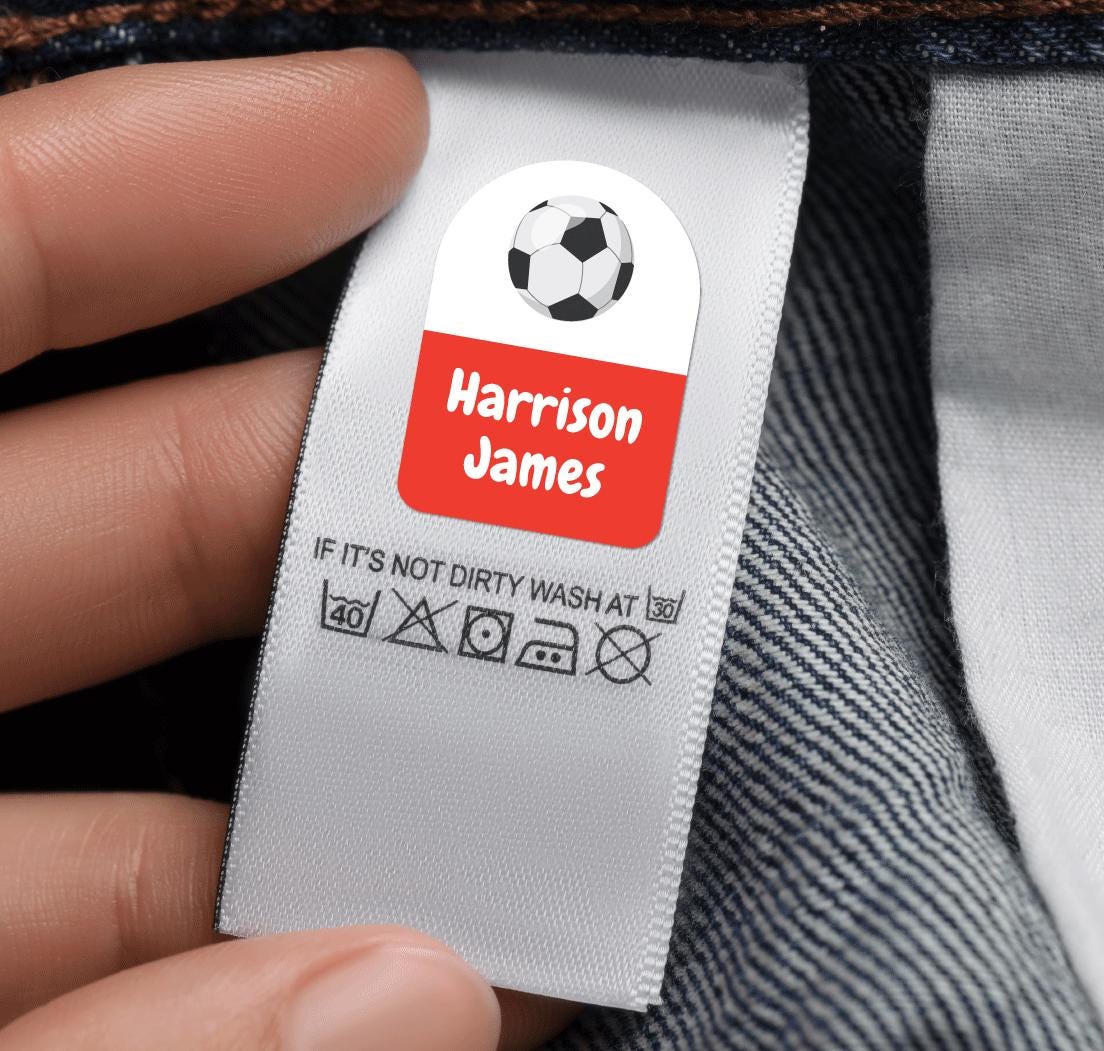 20 x Football Name Sticky Stick On Labels - Washable Name Labels For Kids Clothes Childrens Clothing