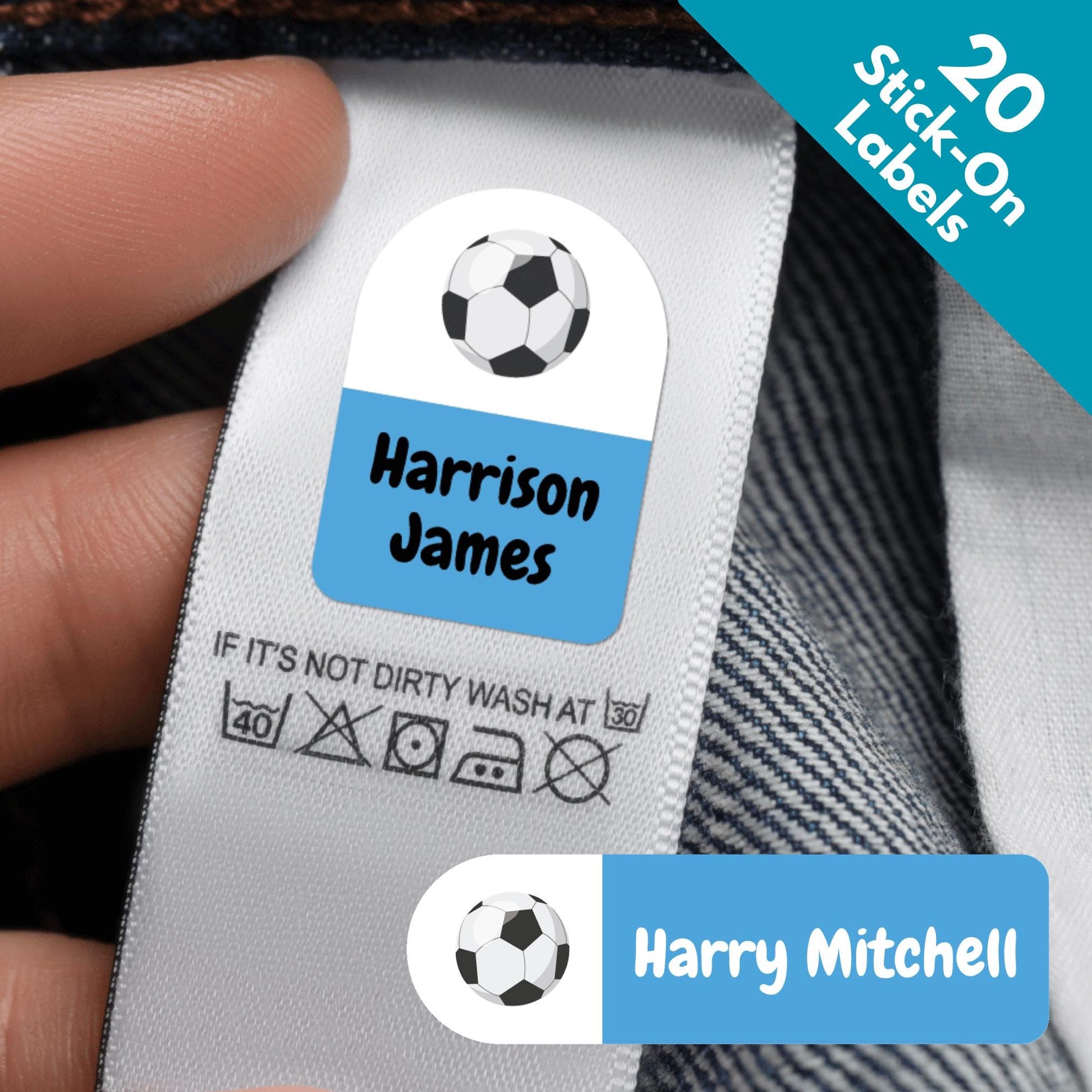 20 Football Personalised Name Labels For Clothing - Washable Stationery & Item Labels For School Boys Girls