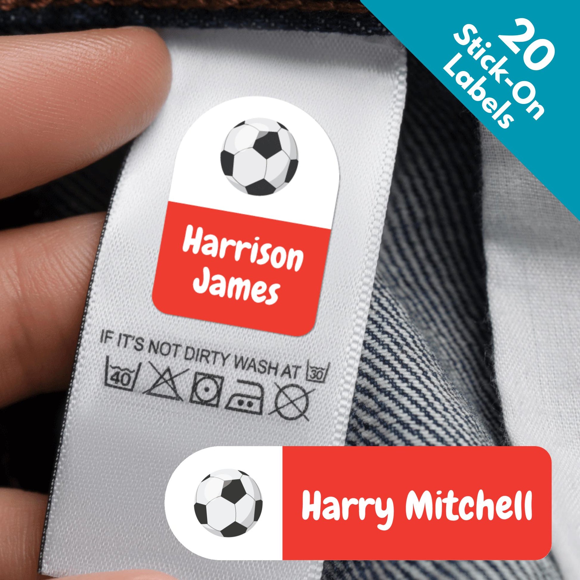 20 x Football Name Sticky Stick On Labels - Washable Name Labels For Kids Clothes Childrens Clothing