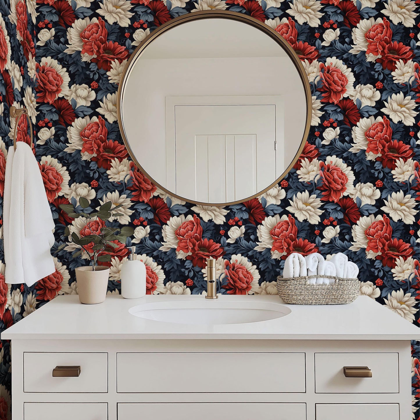 Navy & Red Floral Peony Flower Botanical Peel And Stick Wallpaper Self Adhesive Stick-On Removable Renter Friendly