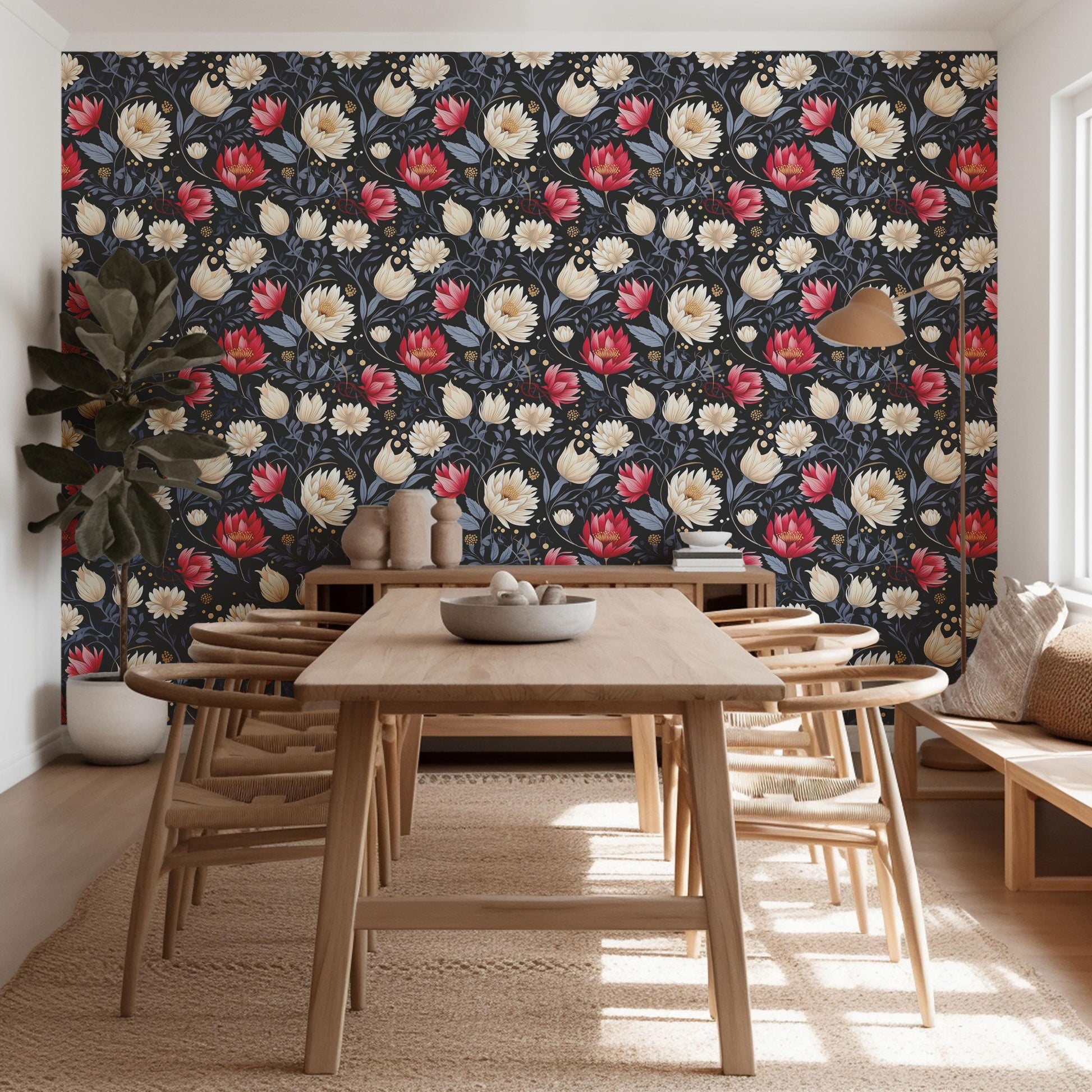 Red Blue Cream Flowers Peel And Stick Renter Friendly Wallpaper Self Adhesive Stick-On Removable