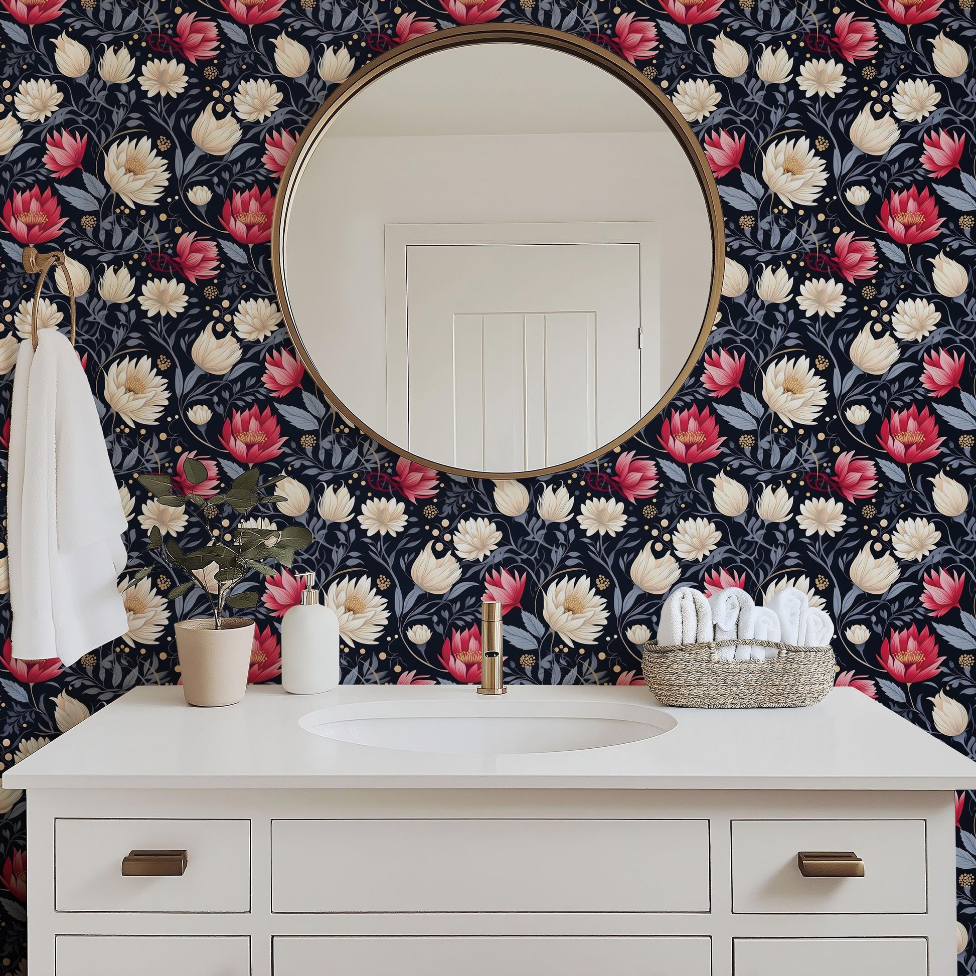 Red Blue Cream Flowers Peel And Stick Renter Friendly Wallpaper Self Adhesive Stick-On Removable