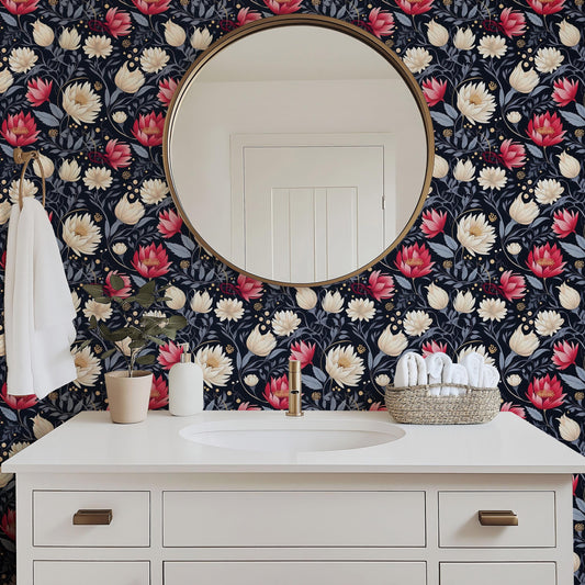 Red Blue Cream Flowers Peel And Stick Renter Friendly Wallpaper Self Adhesive Stick-On Removable