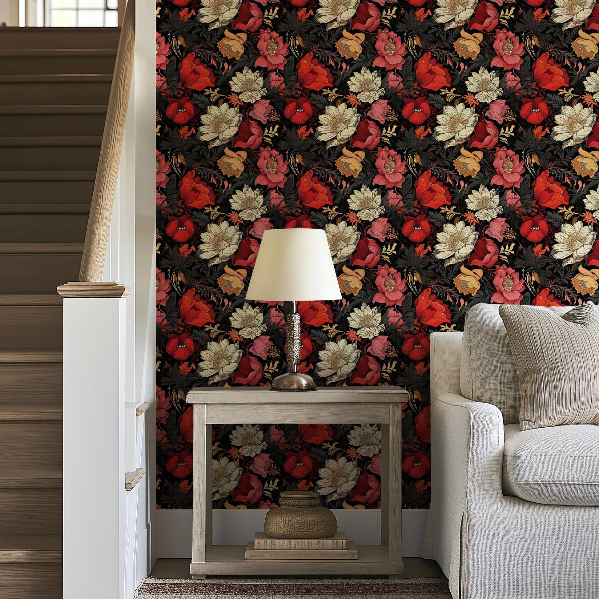 Red Black Poppies Daisies Flowers Peel And Stick Renter Friendly Wallpaper Self Adhesive Stick-On Removable