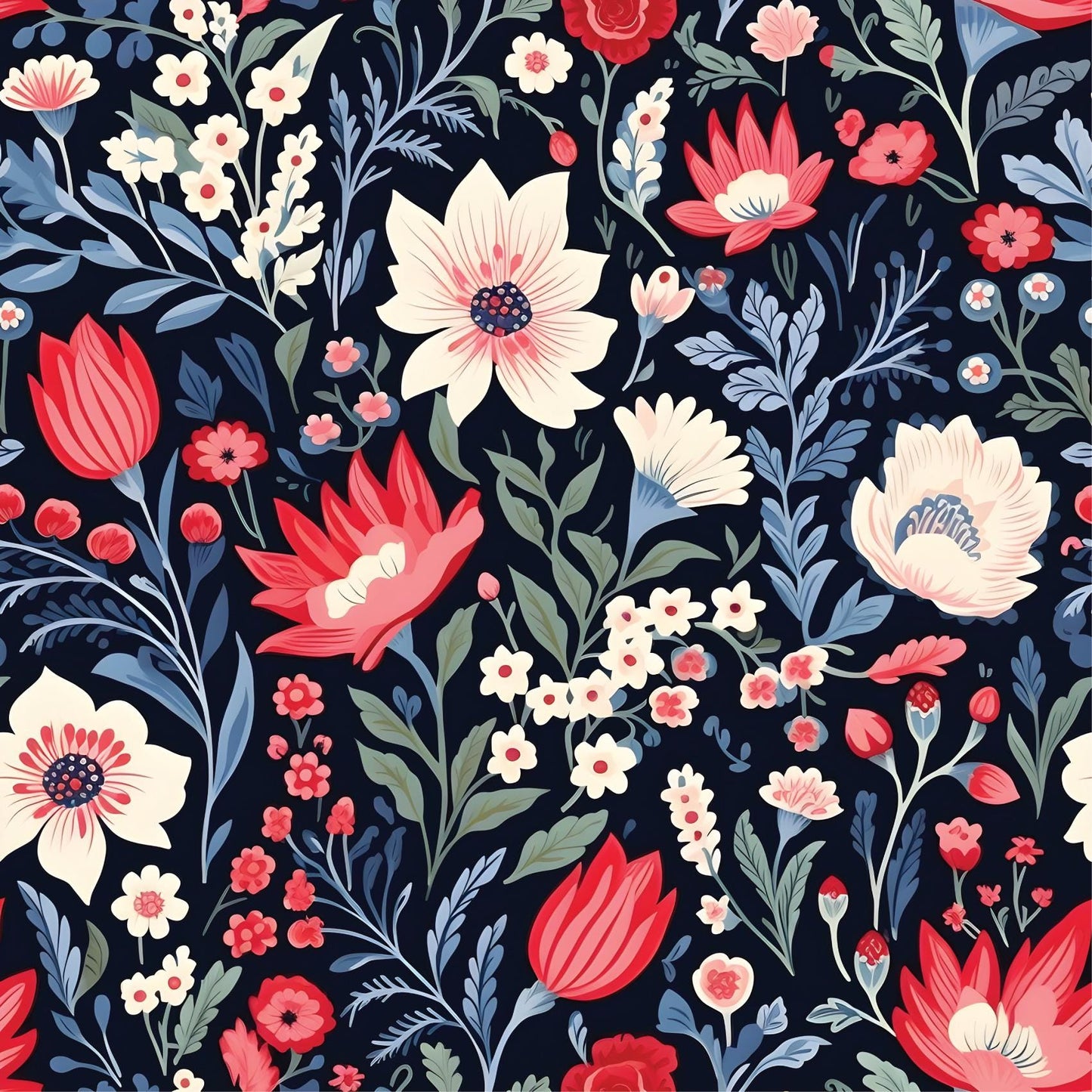 Red Blue Ditsy Tulip Floral Peel And Stick Renter Friendly Wallpaper Self Adhesive Stick-On Removable