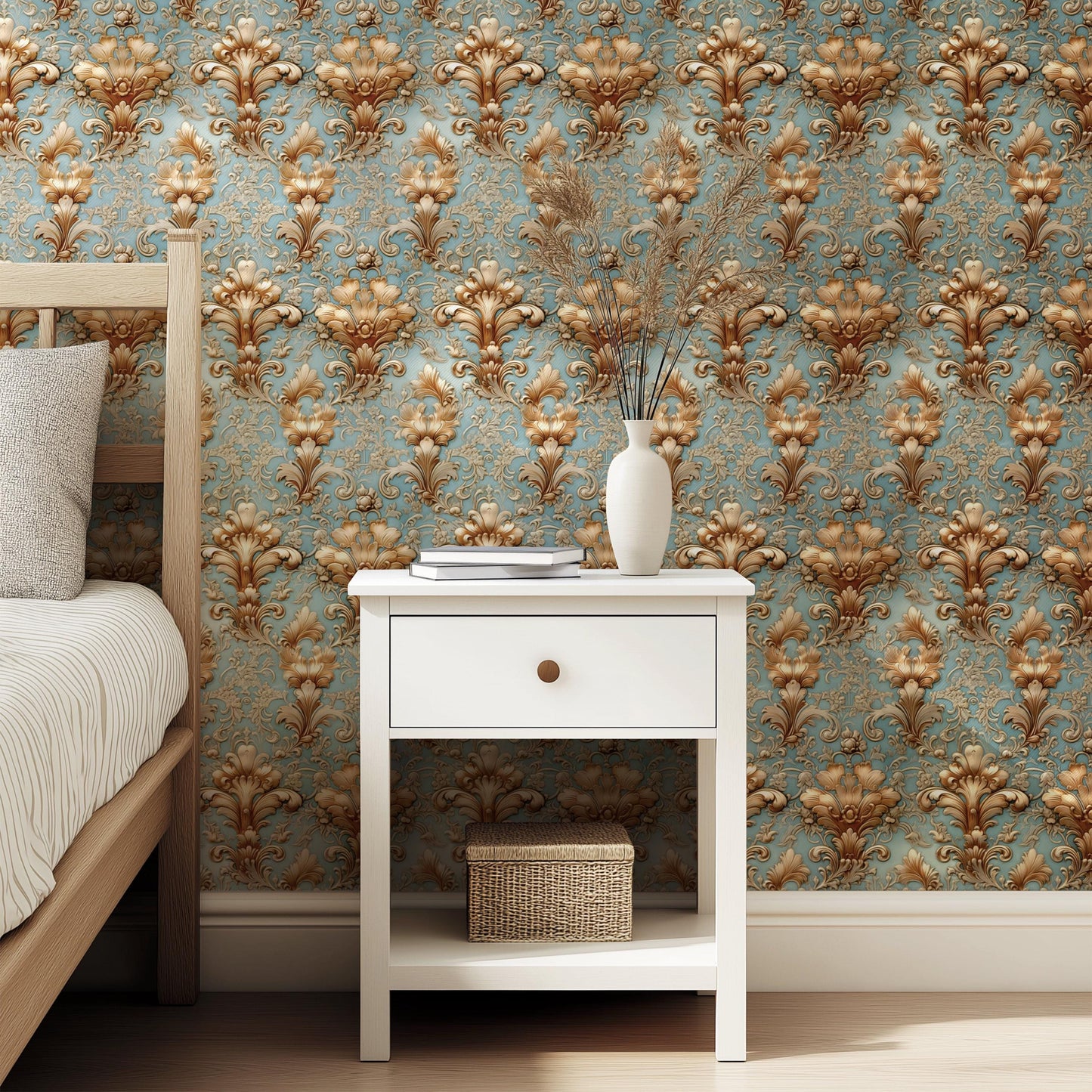 Light Regal Mint Gold Damask Period Stick On Wallpaper Removable Peel And Stick Wallpaper Self Adhesive Renter Friendly