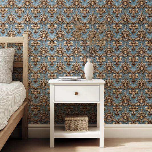 Damask Regal Light Blue Gold Stick On Wallpaper Removable Peel And Stick Wallpaper Self Adhesive Renter Friendly