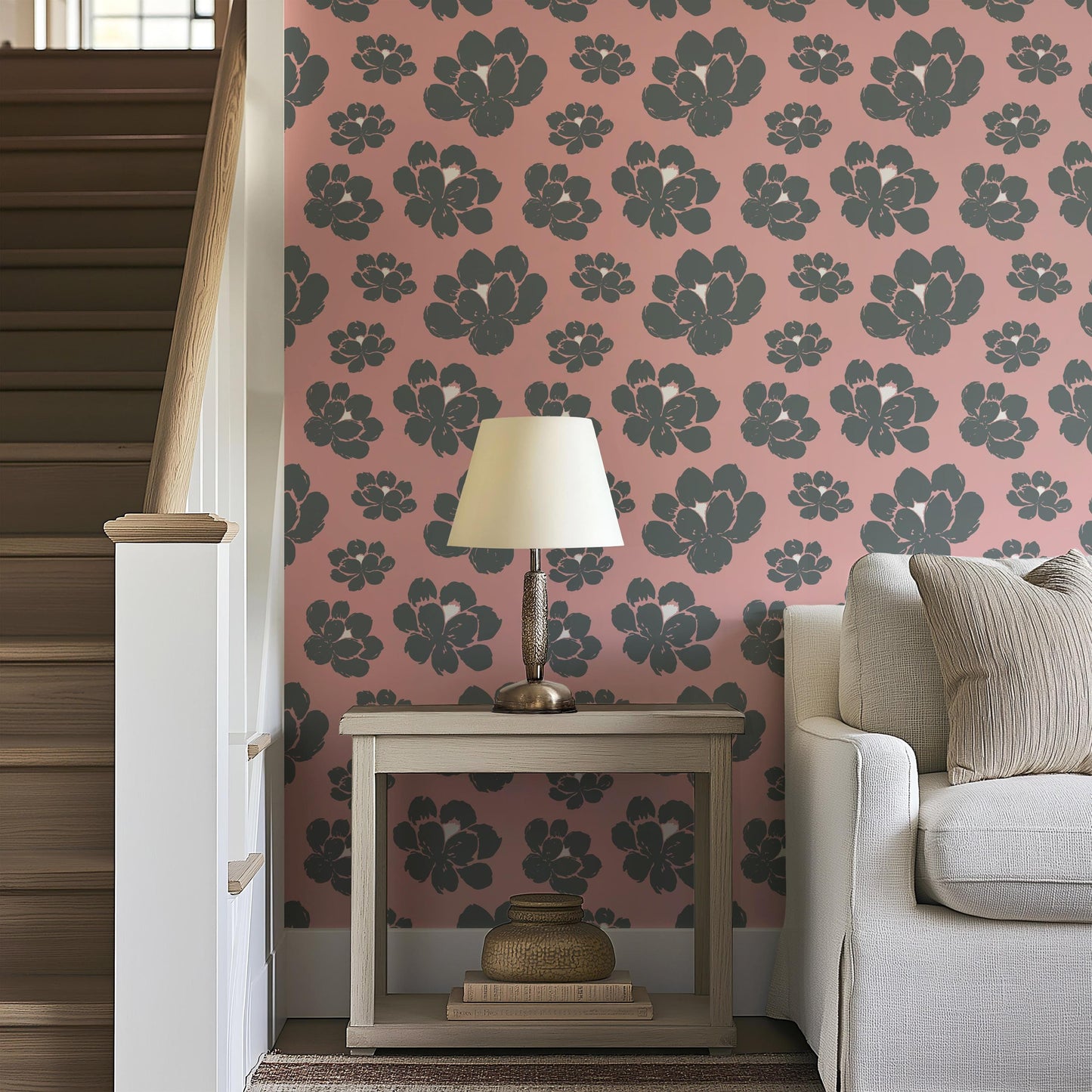 Dusty Pink & Grey Large Flower Head Removable Stick On Wallpaper Peel And Stick Wallpaper Self Adhesive Renter Friendly