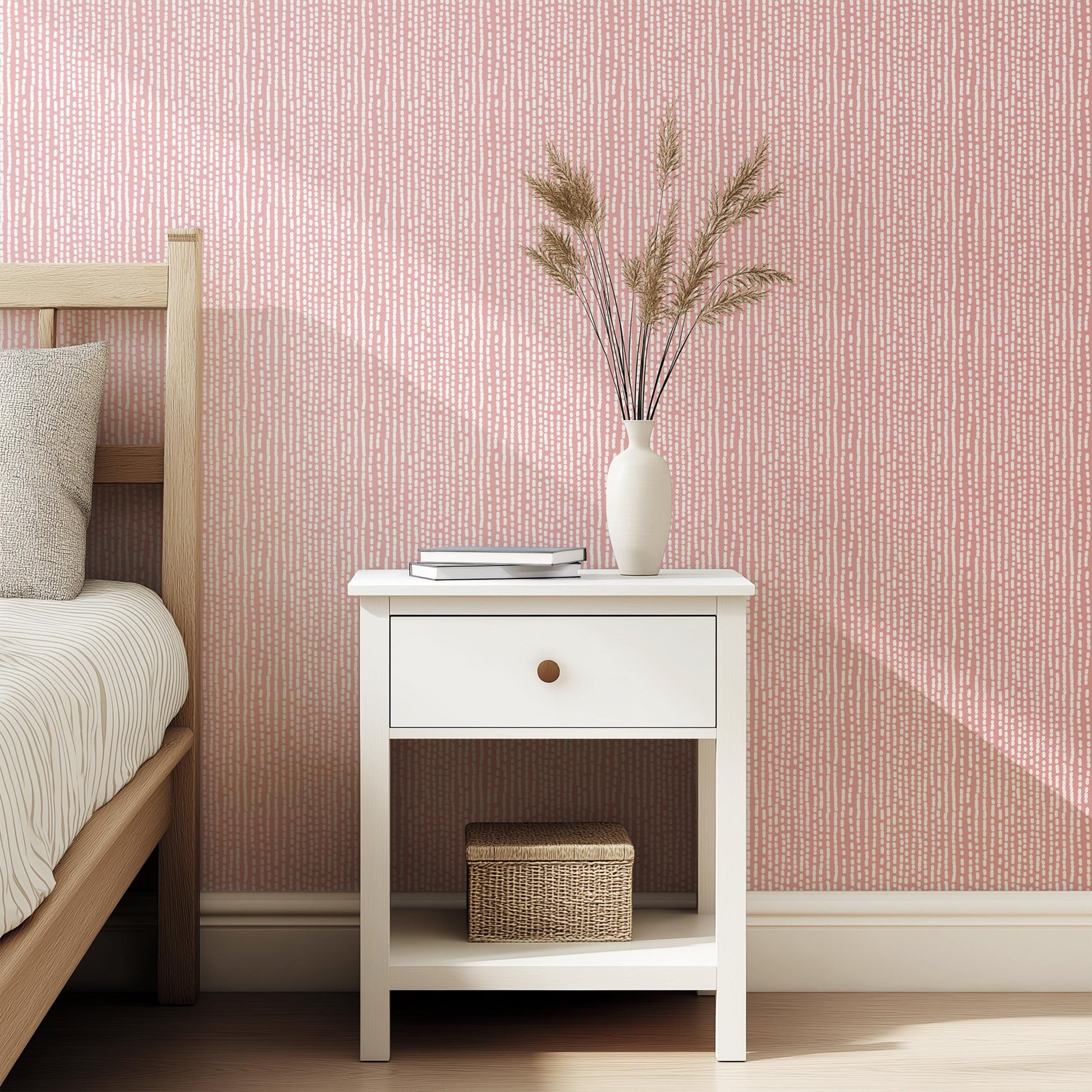 Baby Pink & White Vertical Hand Drawn Dot Stripes Removable Stick On Wallpaper Peel And Stick Self Adhesive.