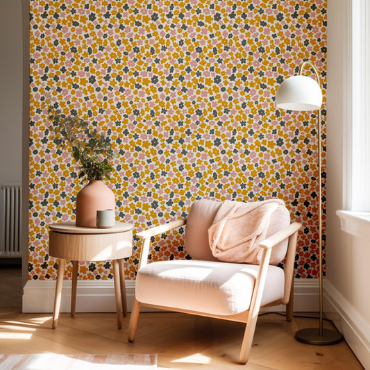 Yellow Grey Pink Flower Print Removable Stick On Wallpaper Peel And Stick Wallpaper Self Adhesive Renter Friendly