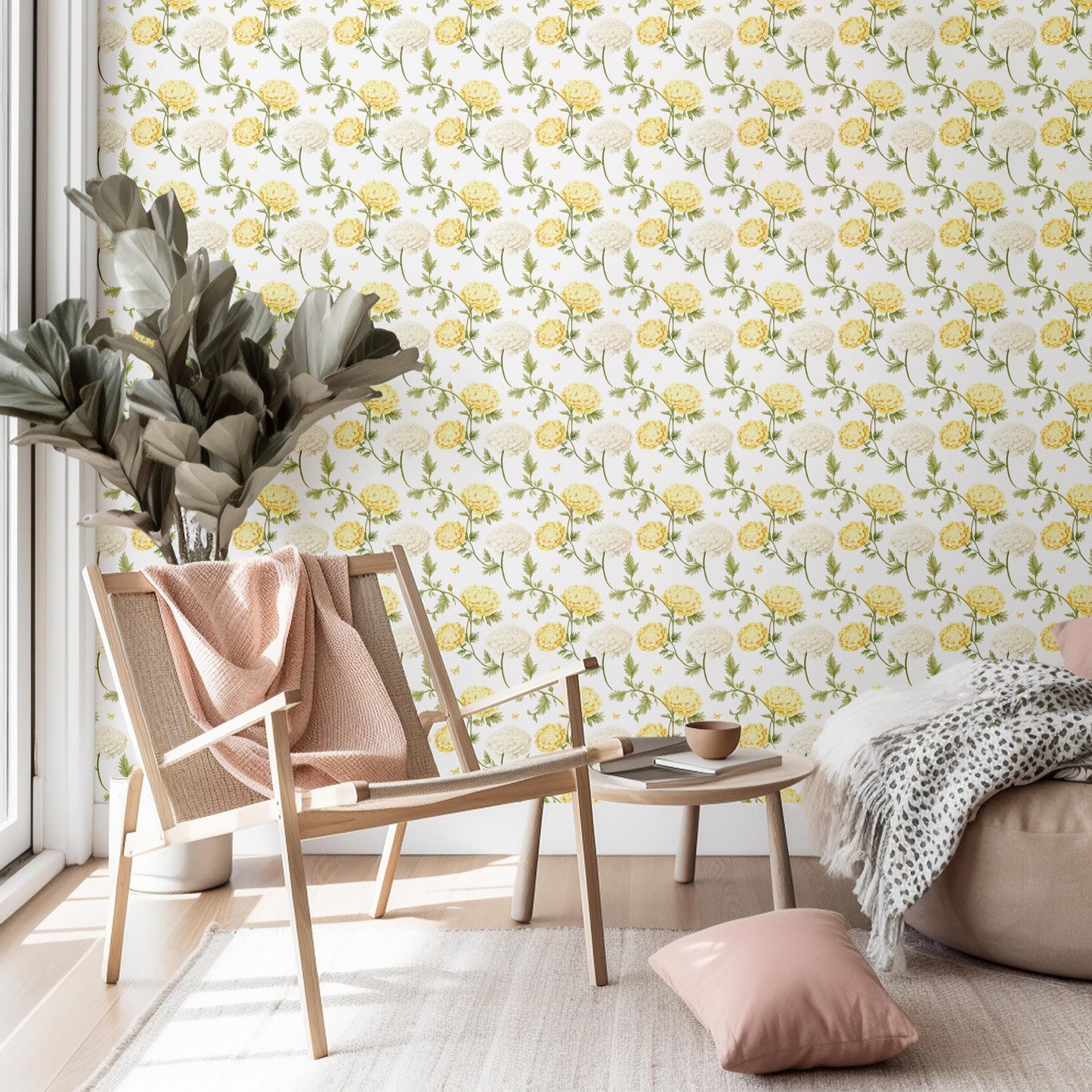 Pastel Yellow & White Flower Print Removable Stick On Wallpaper Peel And Stick Wallpaper Self Adhesive