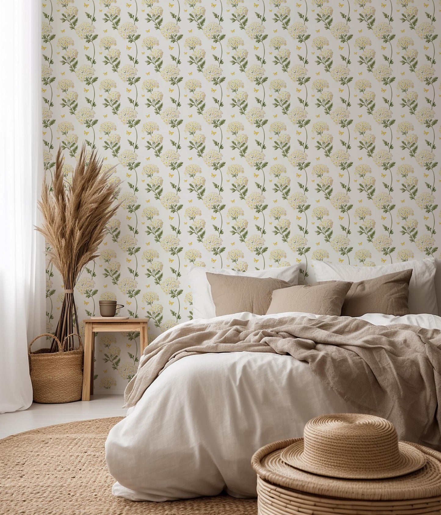 Pastel Yellow & White Hydrangea Floral Removable Stick On Wallpaper Peel And Stick Wallpaper Self Adhesive