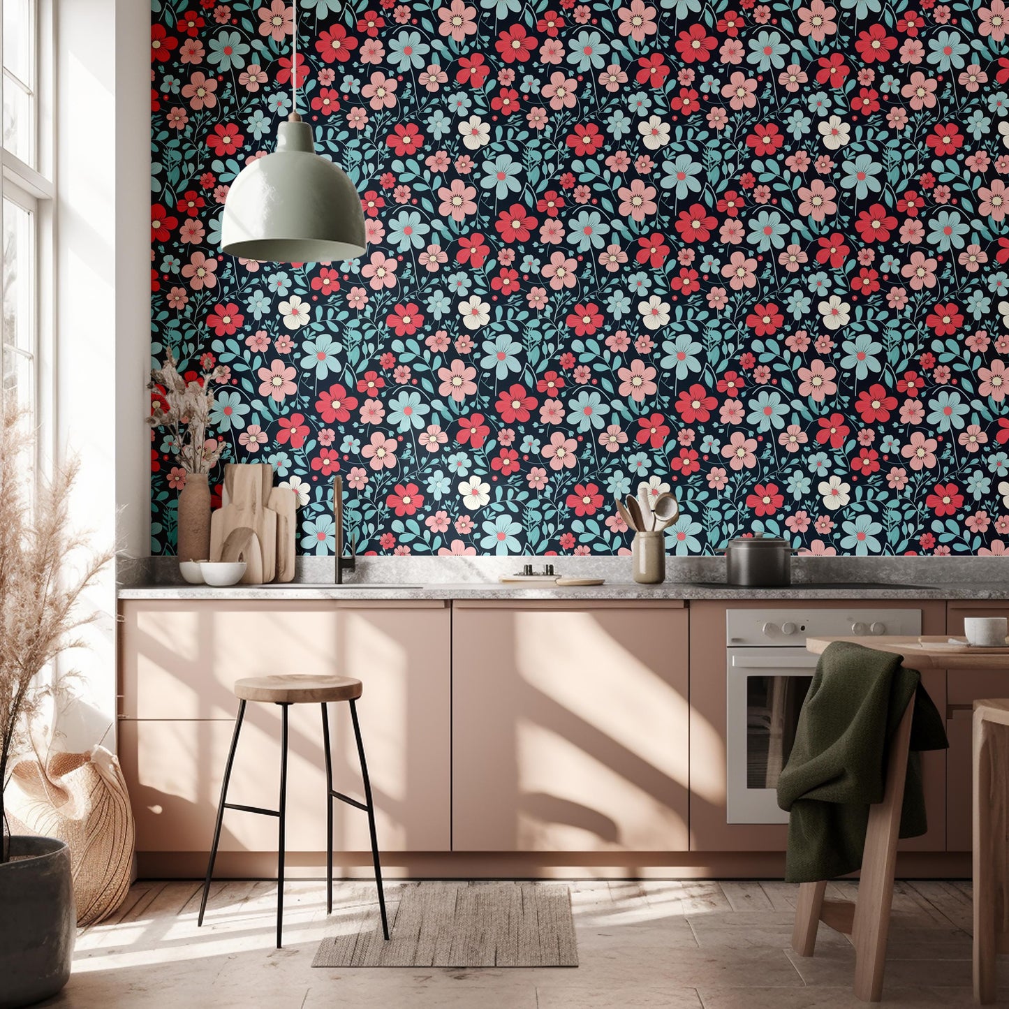 Blue Red Ditsy Daisy Flower Removable Stick On Wallpaper Peel And Stick Wallpaper Self Adhesive