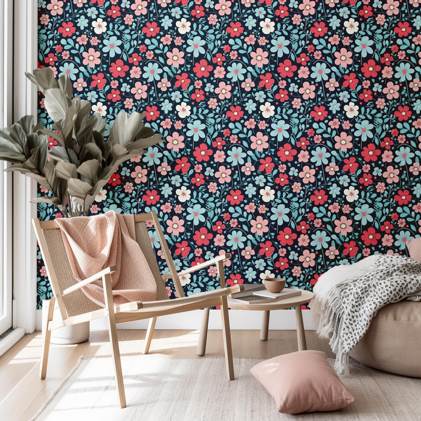 Blue Red Ditsy Daisy Flower Removable Stick On Wallpaper Peel And Stick Wallpaper Self Adhesive