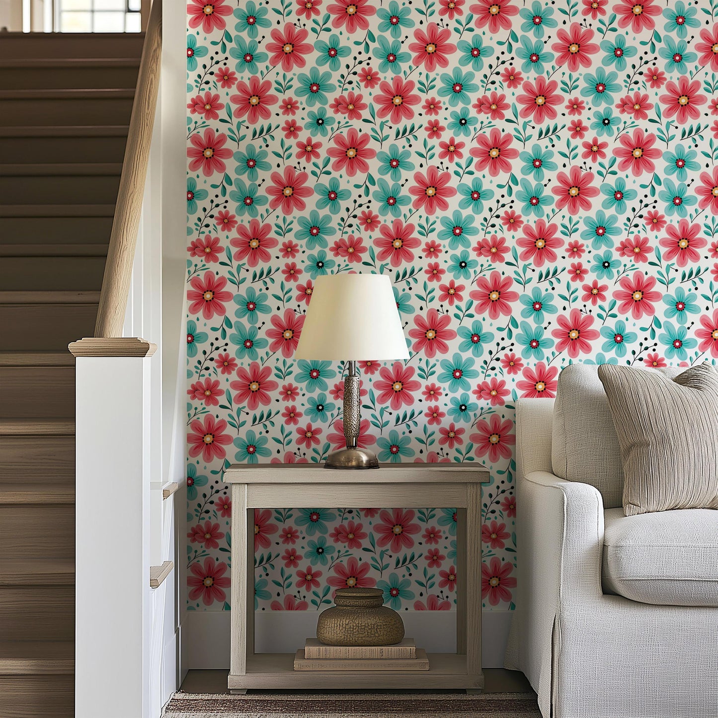 Red & Mint Green Ditsy Daisy Self Adhesive Removable Stick On Wallpaper Peel And Stick Wallpaper Renter Friendly