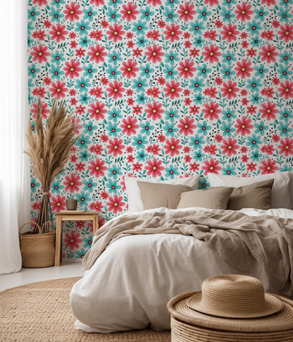 Red & Mint Green Ditsy Daisy Self Adhesive Removable Stick On Wallpaper Peel And Stick Wallpaper Renter Friendly