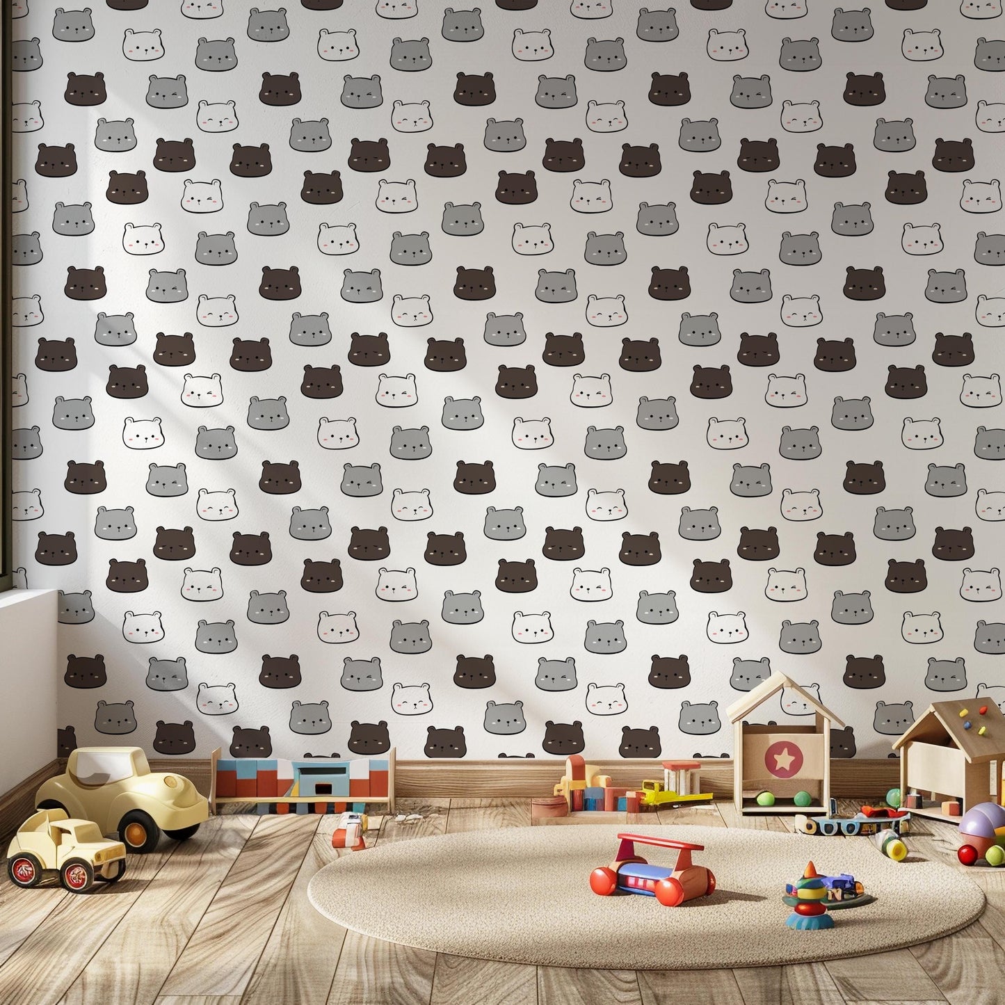 Teddy Faces Grey & Brown Kids Nursery Peel And Stick Wallpaper Self Adhesive Renter Friendly