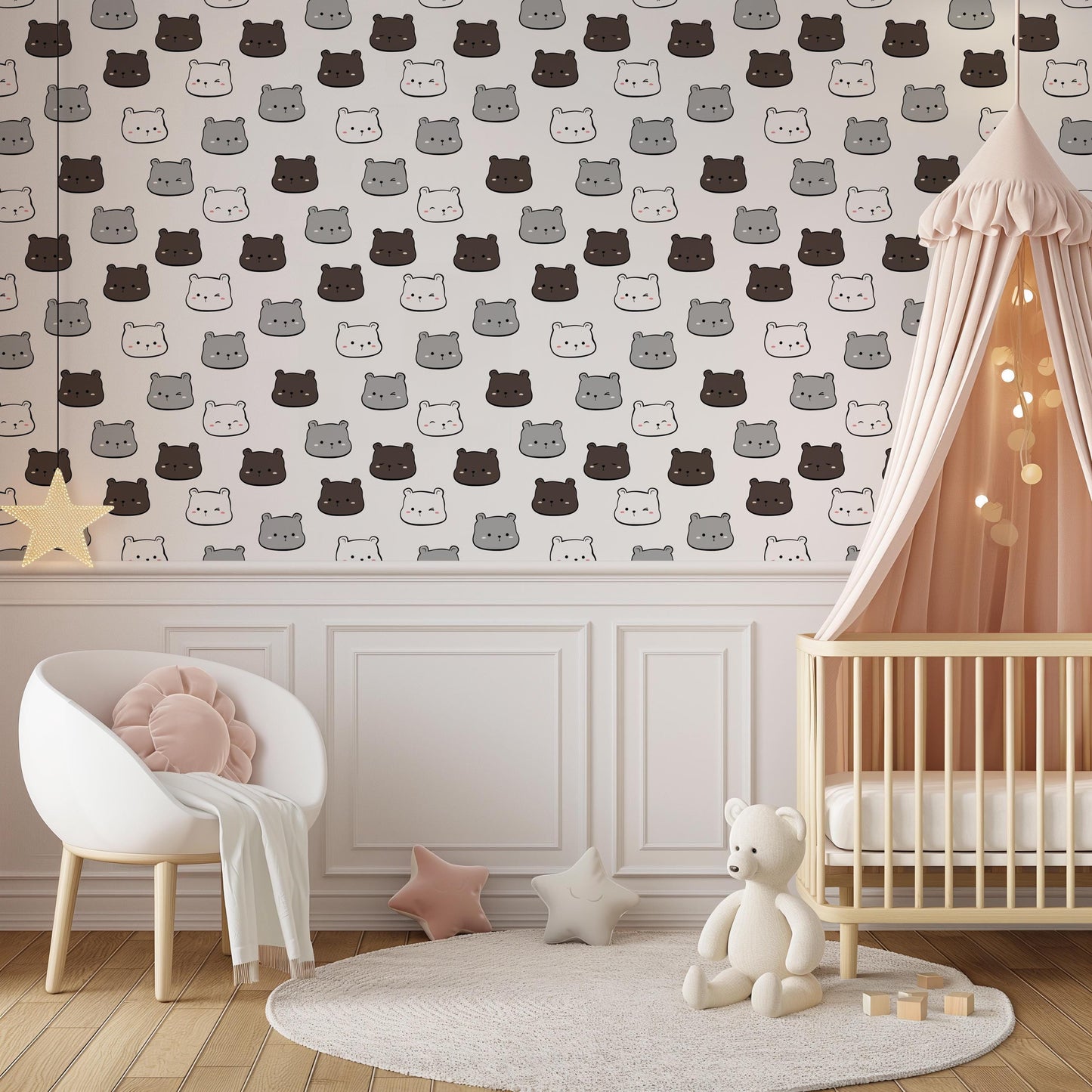 Teddy Faces Grey & Brown Kids Nursery Peel And Stick Wallpaper Self Adhesive Renter Friendly