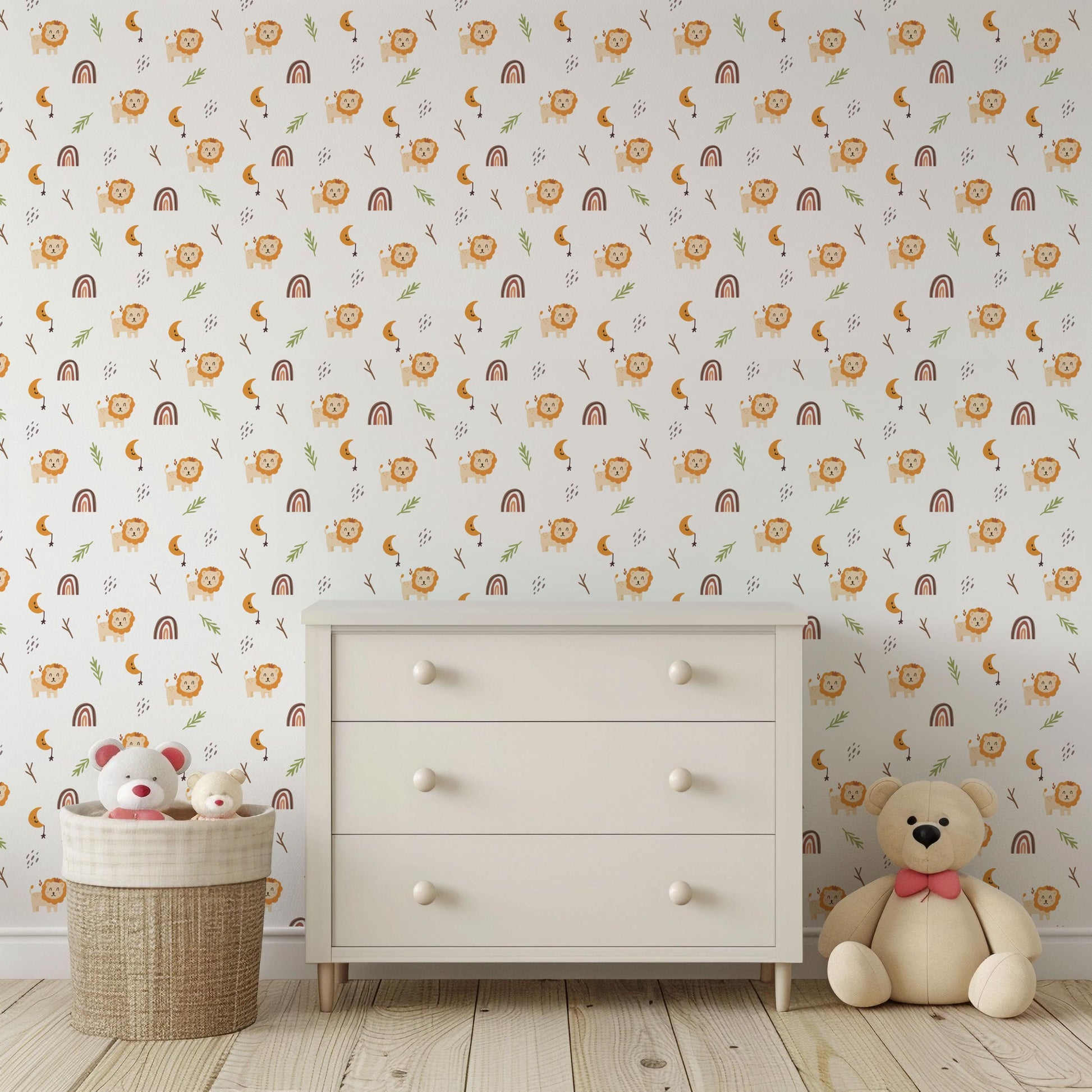 Cream Boho Safari Lion Rainbow Kids Peel And Stick Wallpaper Self Adhesive Renter Friendly