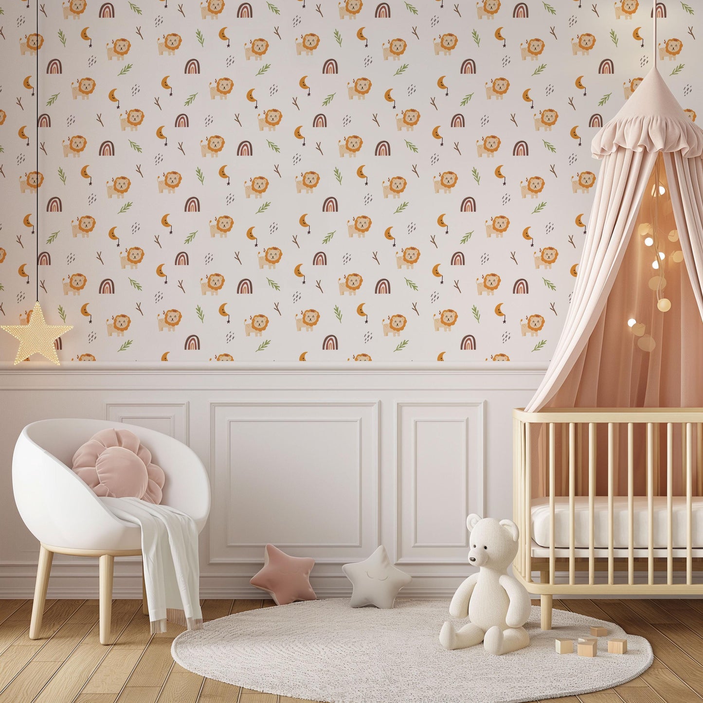 Cream Boho Safari Lion Rainbow Kids Peel And Stick Wallpaper Self Adhesive Renter Friendly