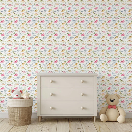 Watercolour Pink Pastel Pretty Dinosaurs Fun Playroom Peel And Stick Wallpaper Self Adhesive Removeable For Kids