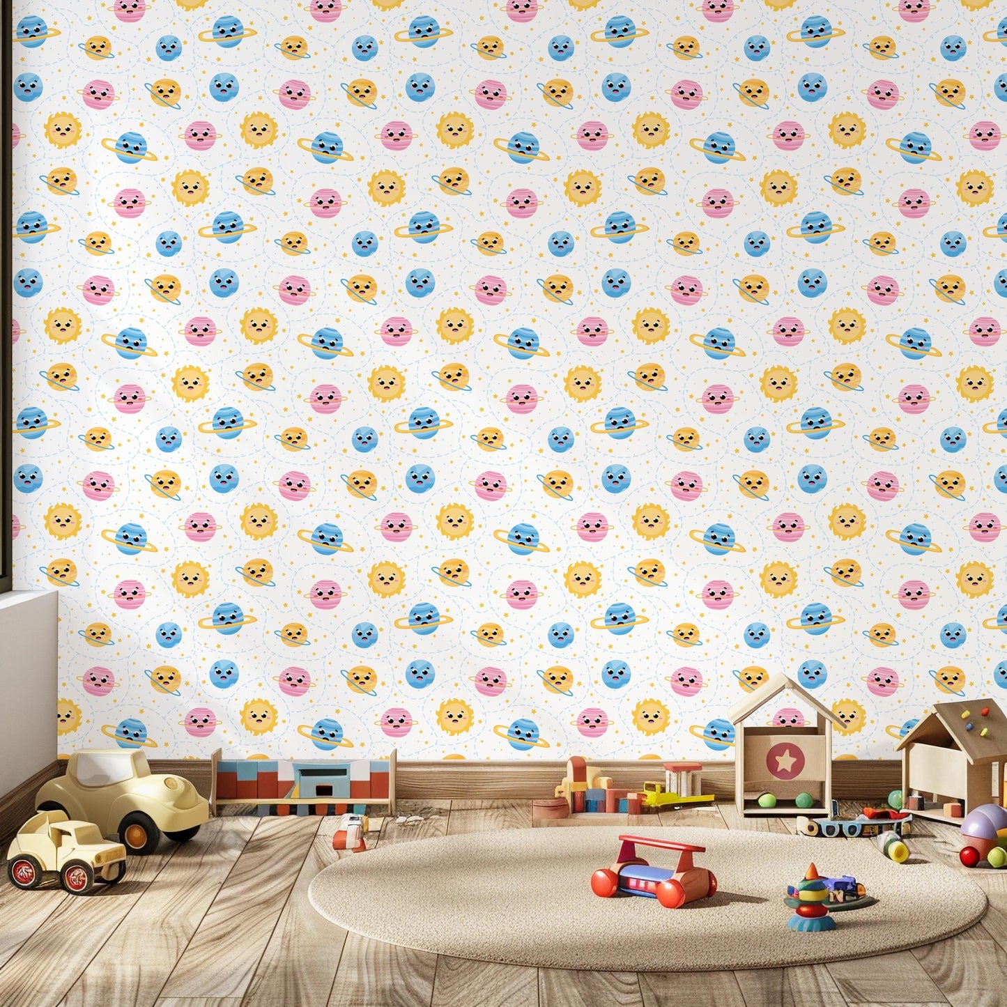 Planet Faces Space Pastel Blue Pink Yellow Peel And Stick Wallpaper For Kids Renter Friendly