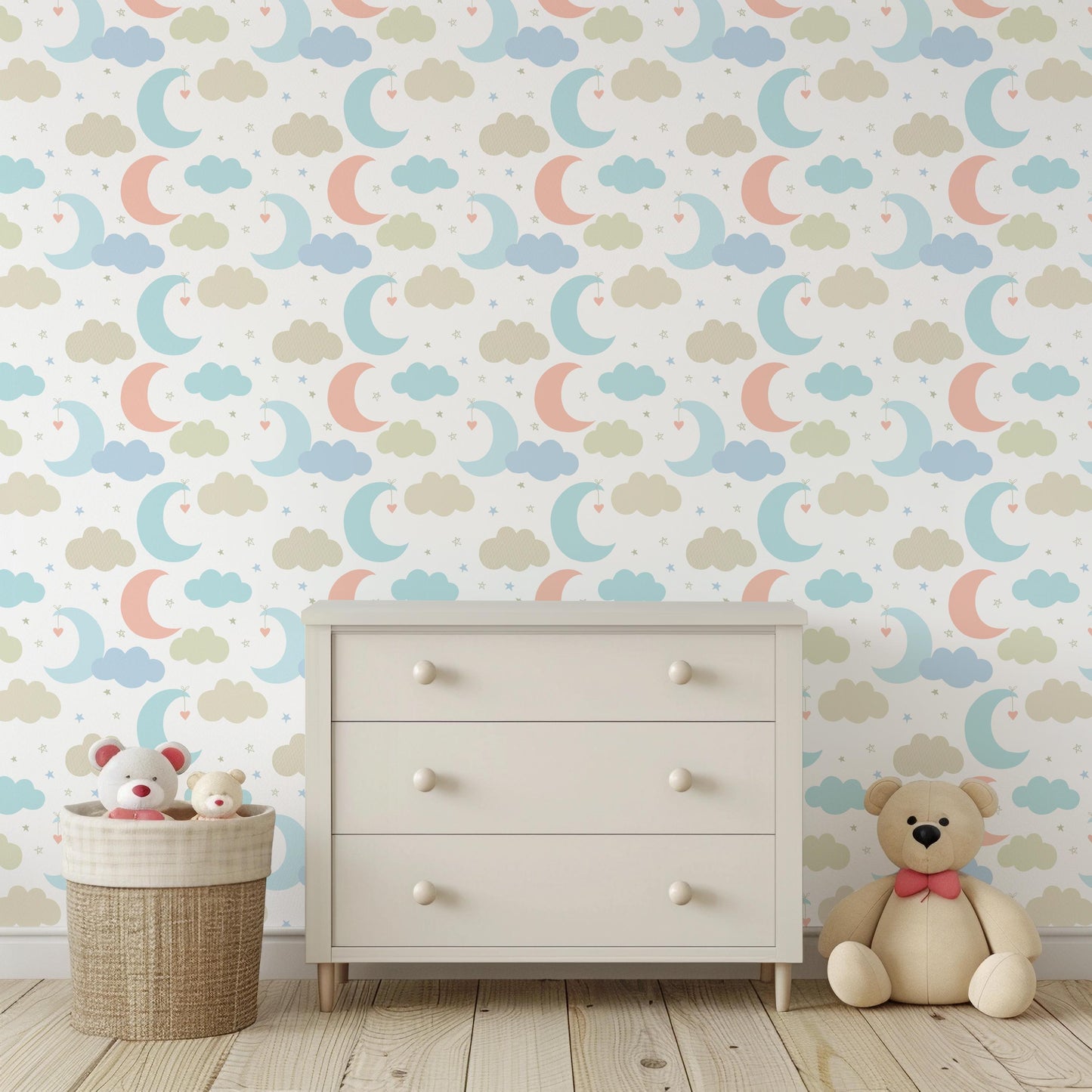 Moon & Clouds Pastel Mint Beige Pink Peel And Stick Wallpaper For Kids Nursery Removeable