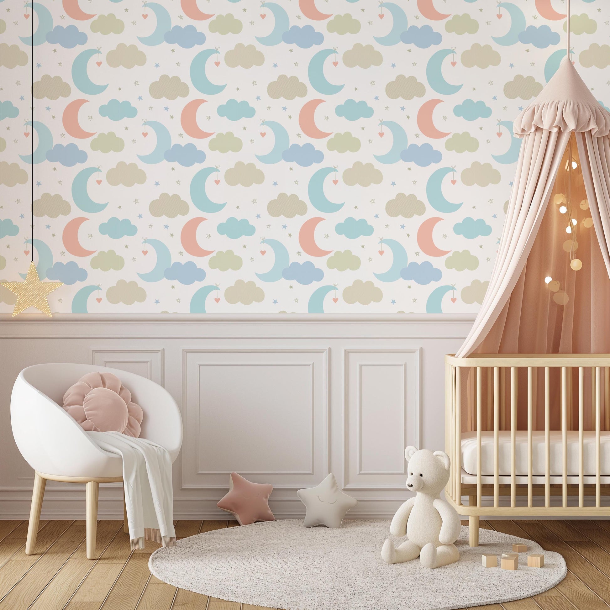 Moon & Clouds Pastel Mint Beige Pink Peel And Stick Wallpaper For Kids Nursery Removeable