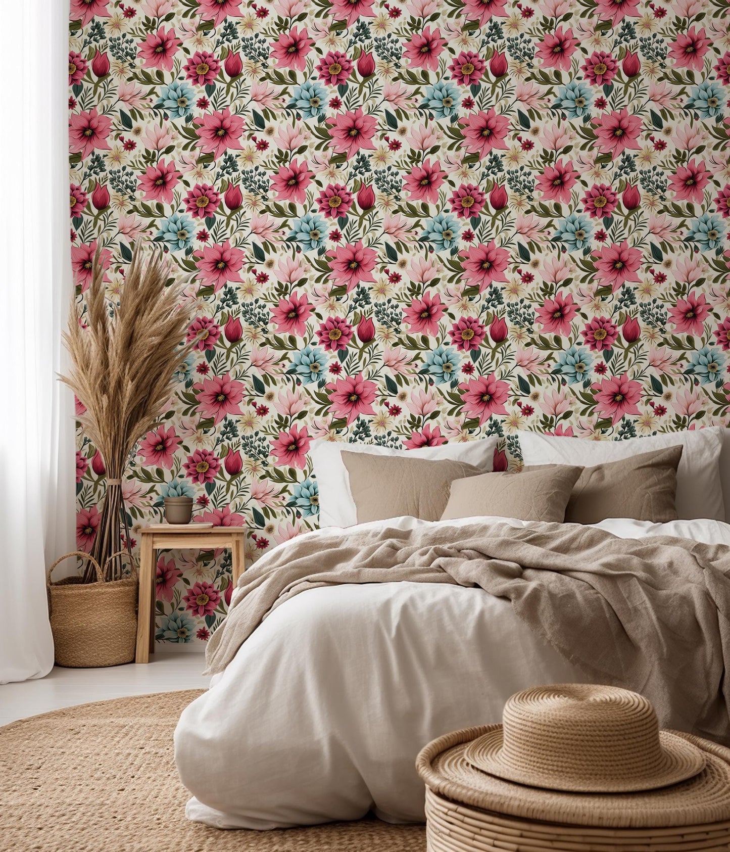 Pink Floral Botanical Peel And Stick Removable Wallpaper Self-Adhesive Wallpaper