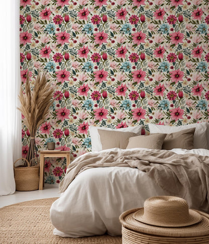 Pink Floral Botanical Peel And Stick Removable Wallpaper Self-Adhesive Wallpaper