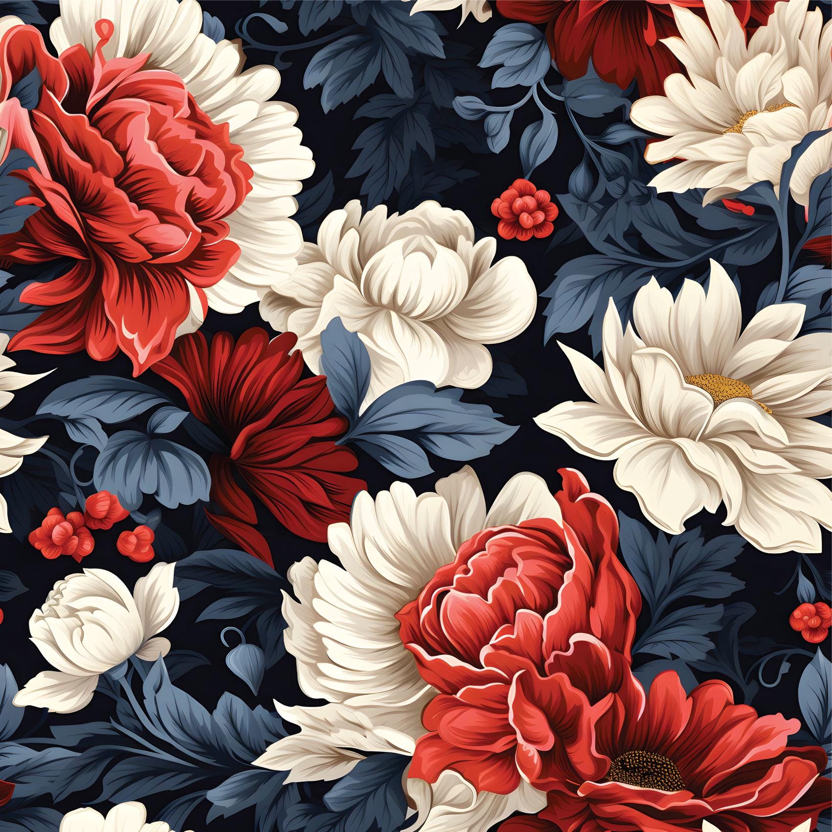 Navy & Red Floral Peony Flower Botanical Peel And Stick Wallpaper Self Adhesive Stick-On Removable Renter Friendly