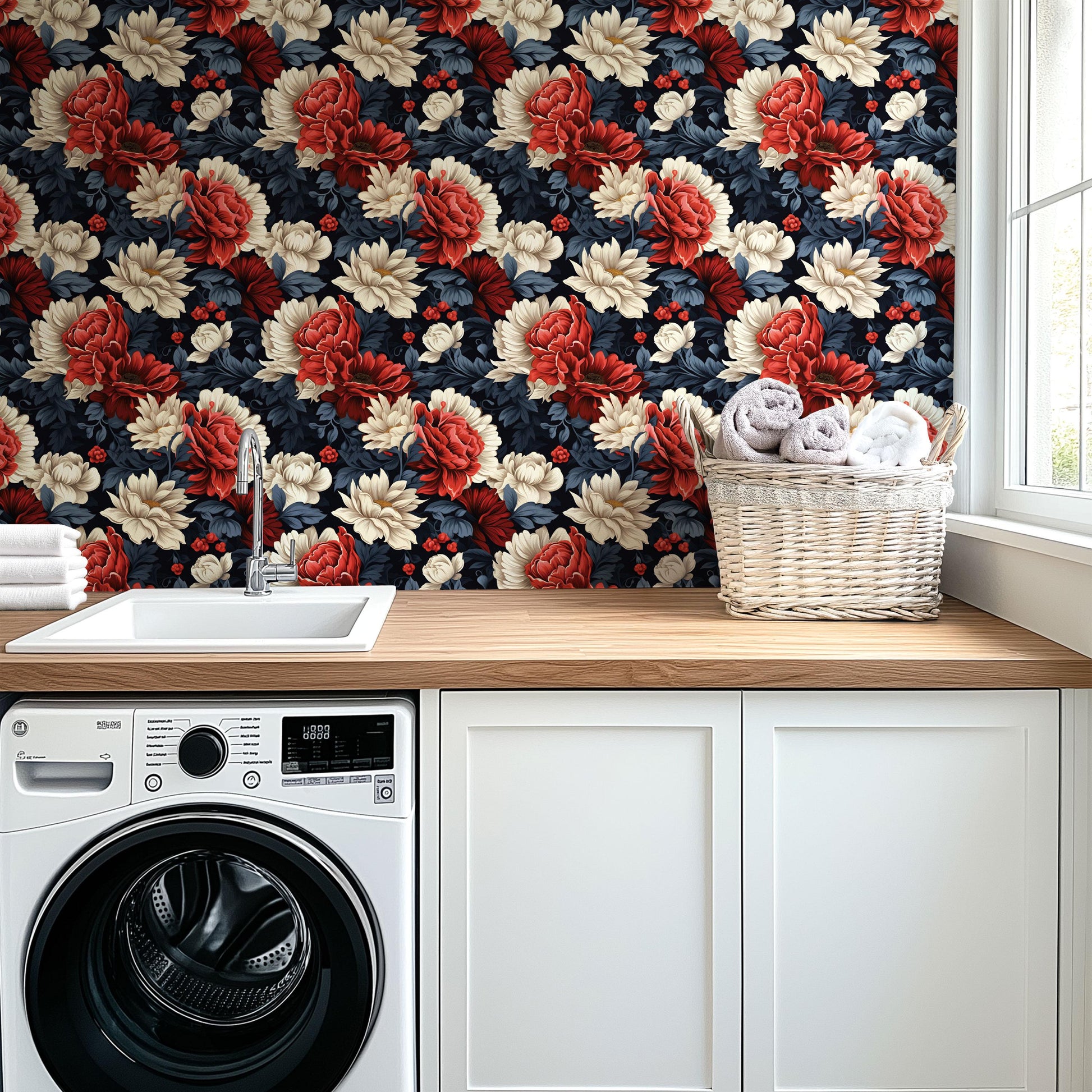 Navy & Red Floral Peony Flower Botanical Peel And Stick Wallpaper Self Adhesive Stick-On Removable Renter Friendly