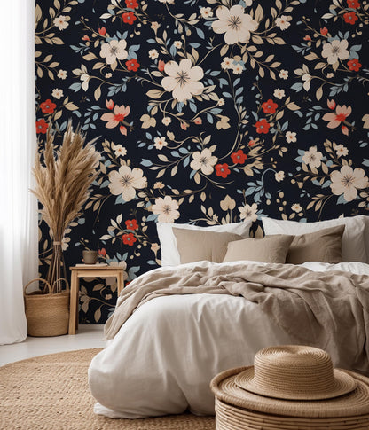 Black & Red Floral Flowery Peel And Stick Wallpaper Self Adhesive Stick-On Removable Renter Friendly