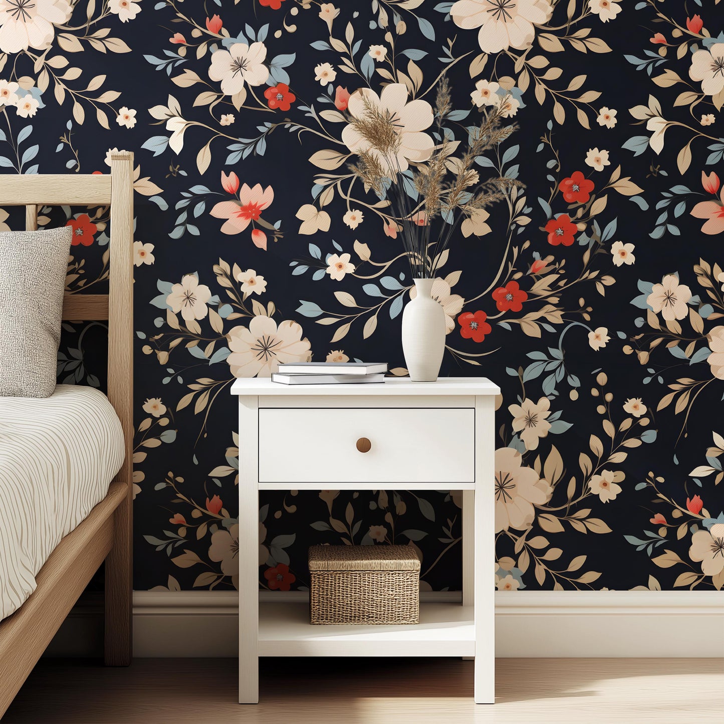 Black & Red Floral Flowery Peel And Stick Wallpaper Self Adhesive Stick-On Removable Renter Friendly