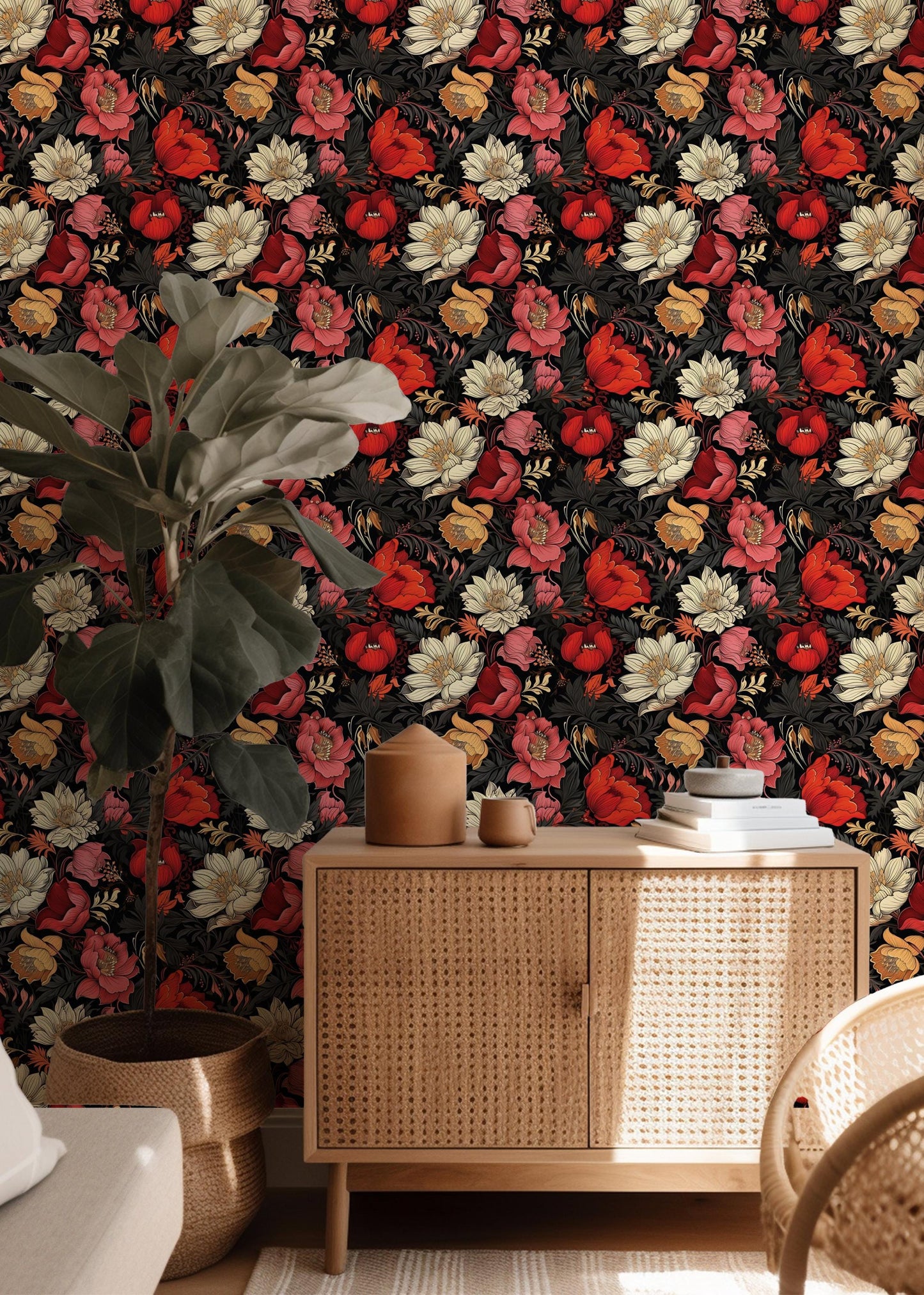 Red Black Poppies Daisies Flowers Peel And Stick Renter Friendly Wallpaper Self Adhesive Stick-On Removable