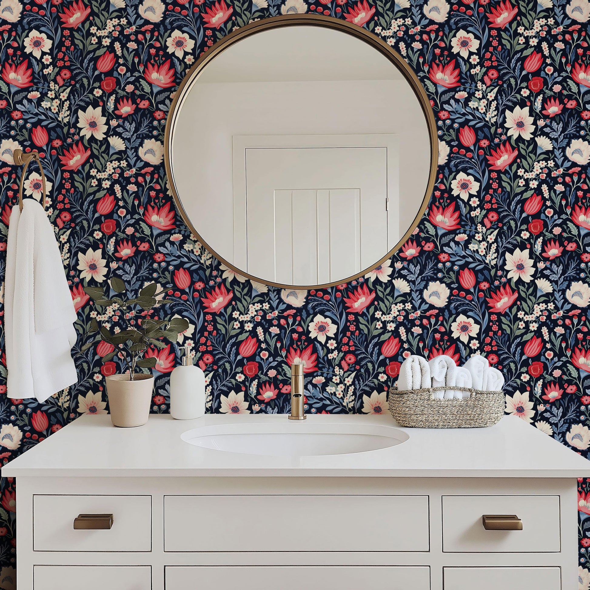 Red Blue Ditsy Tulip Floral Peel And Stick Renter Friendly Wallpaper Self Adhesive Stick-On Removable