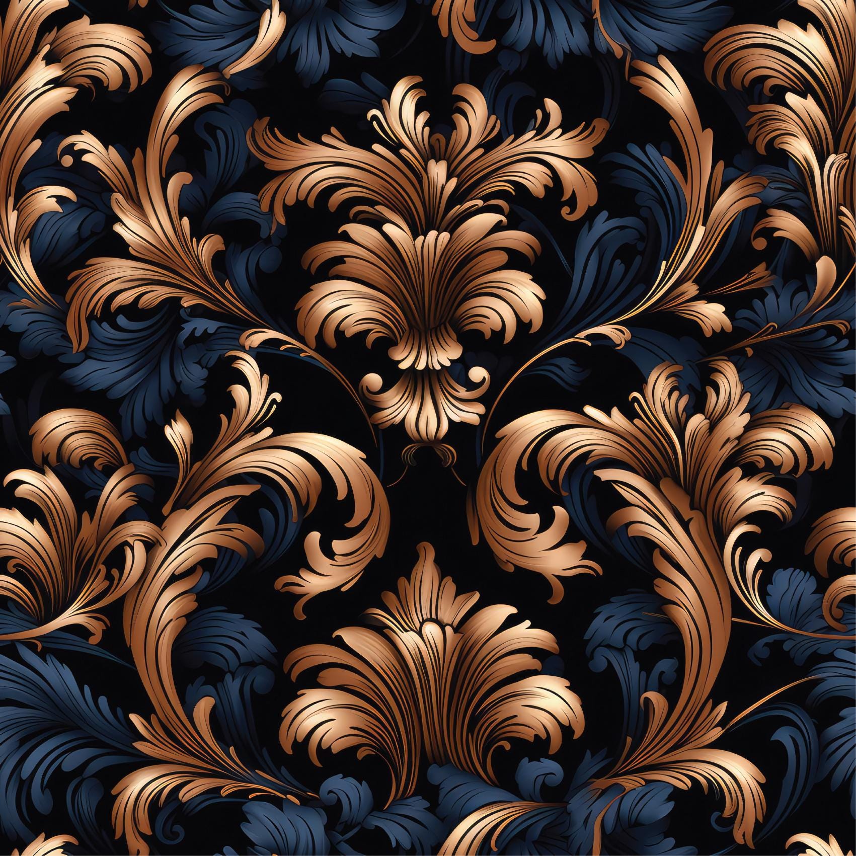 Dark Blue & Gold Damask Print Removeable Stick On Wallpaper Peel And Stick Wallpaper Self Adhesive