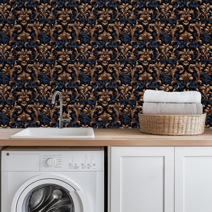 Dark Blue & Gold Damask Print Removeable Stick On Wallpaper Peel And Stick Wallpaper Self Adhesive