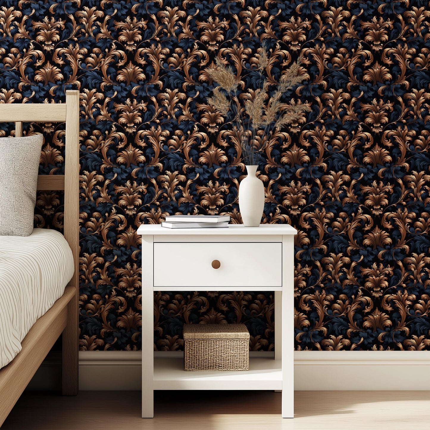 Dark Blue & Gold Damask Print Removeable Stick On Wallpaper Peel And Stick Wallpaper Self Adhesive