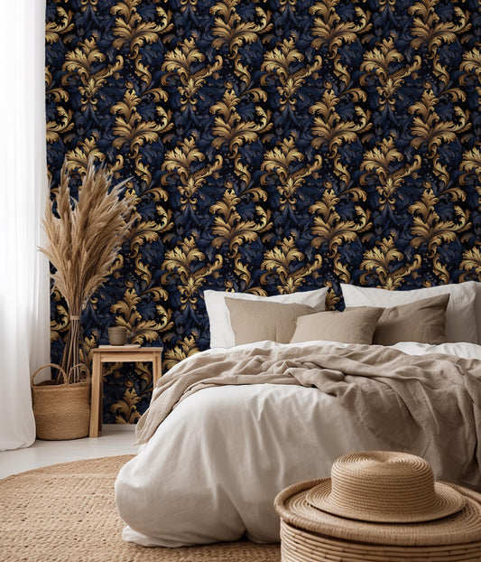 Navy Gold Dark Classical Damask Renter Friendly Removeable Stick On Wallpaper Peel And Stick  Self Adhesive